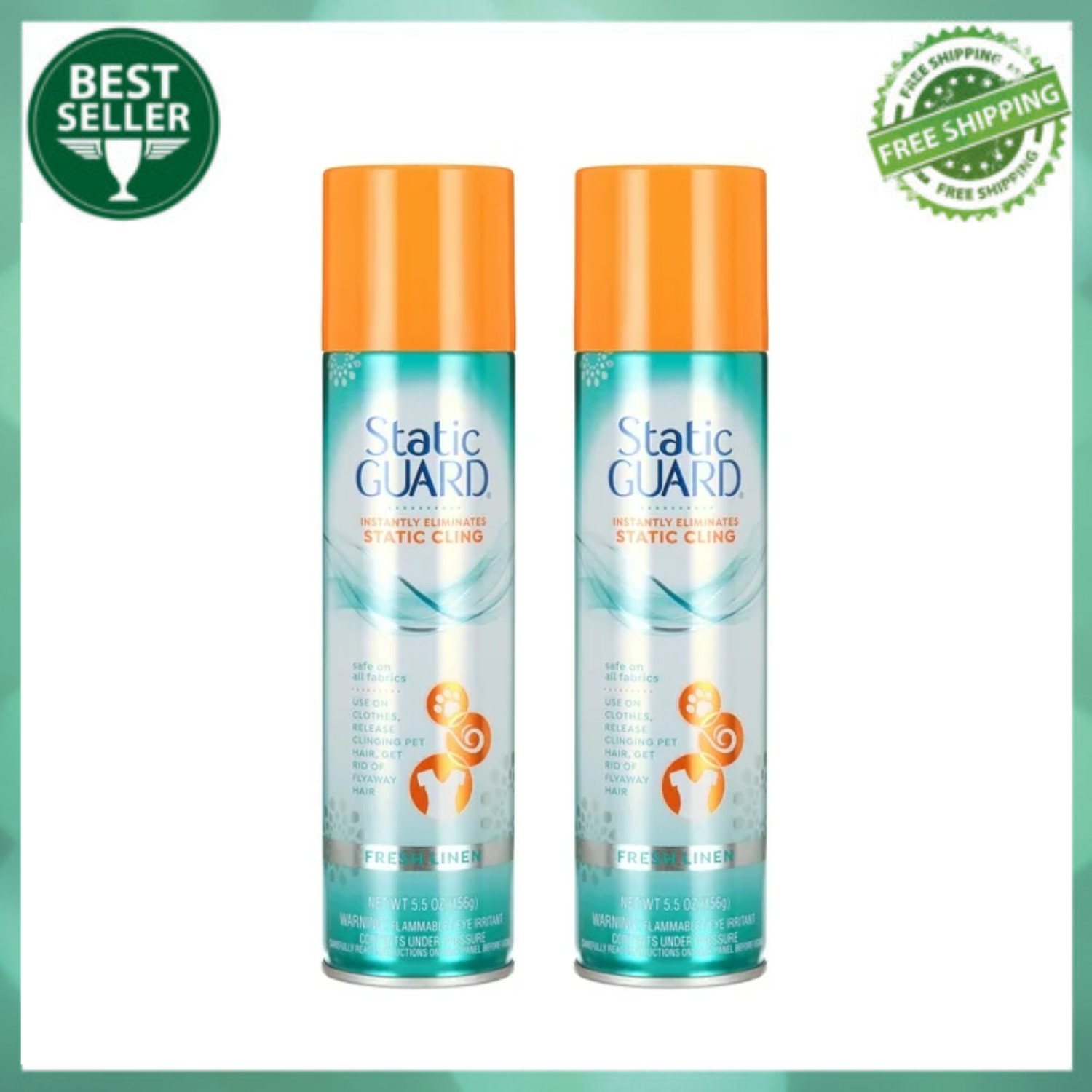 Static Guard Fresh Linen Scent Spray, Safe for All Fabric Types, 5.5 Oz (2 Pack)
