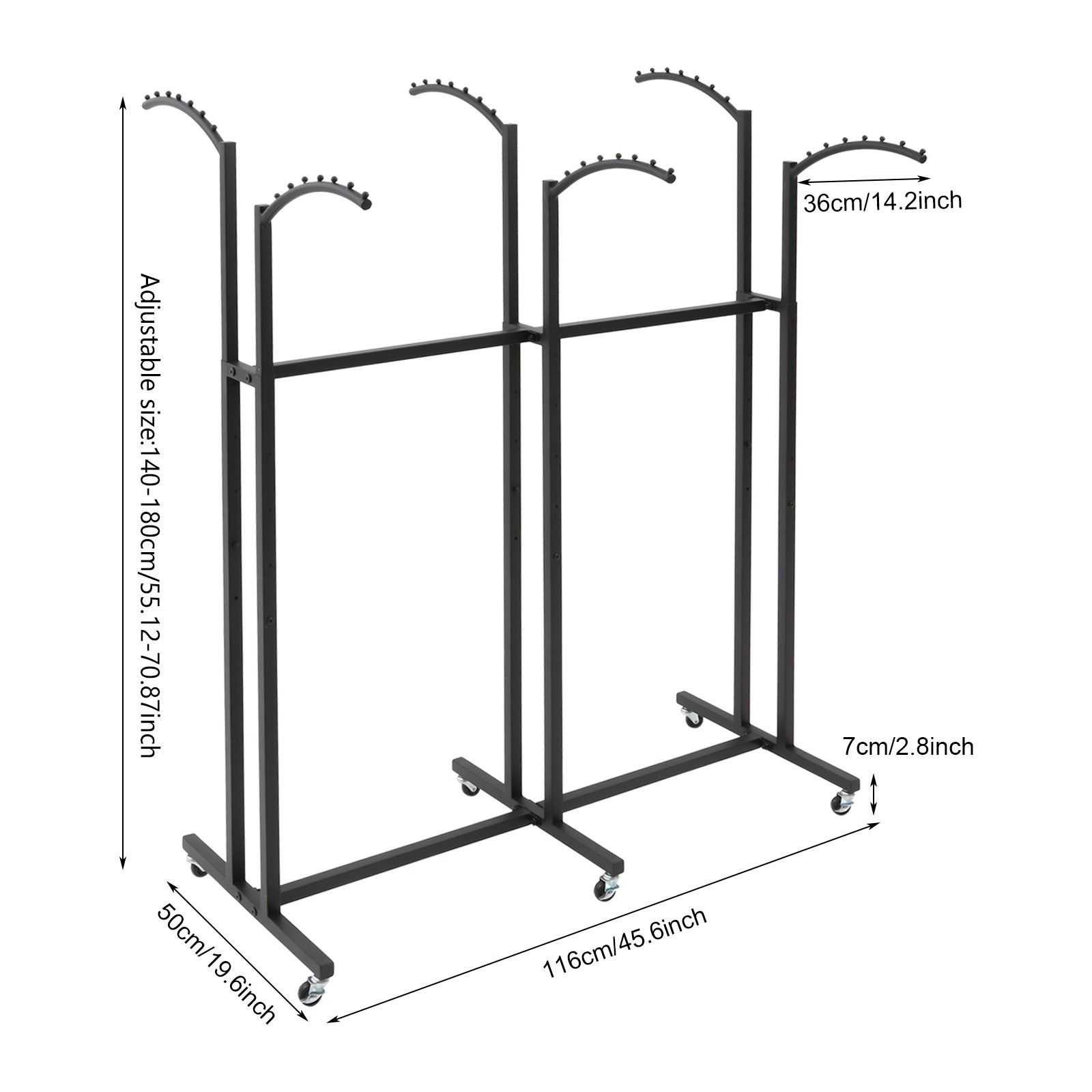 Black 6 Arms Clothing Display Rack With Wheels, 55.12-70.87in Adjustable Height