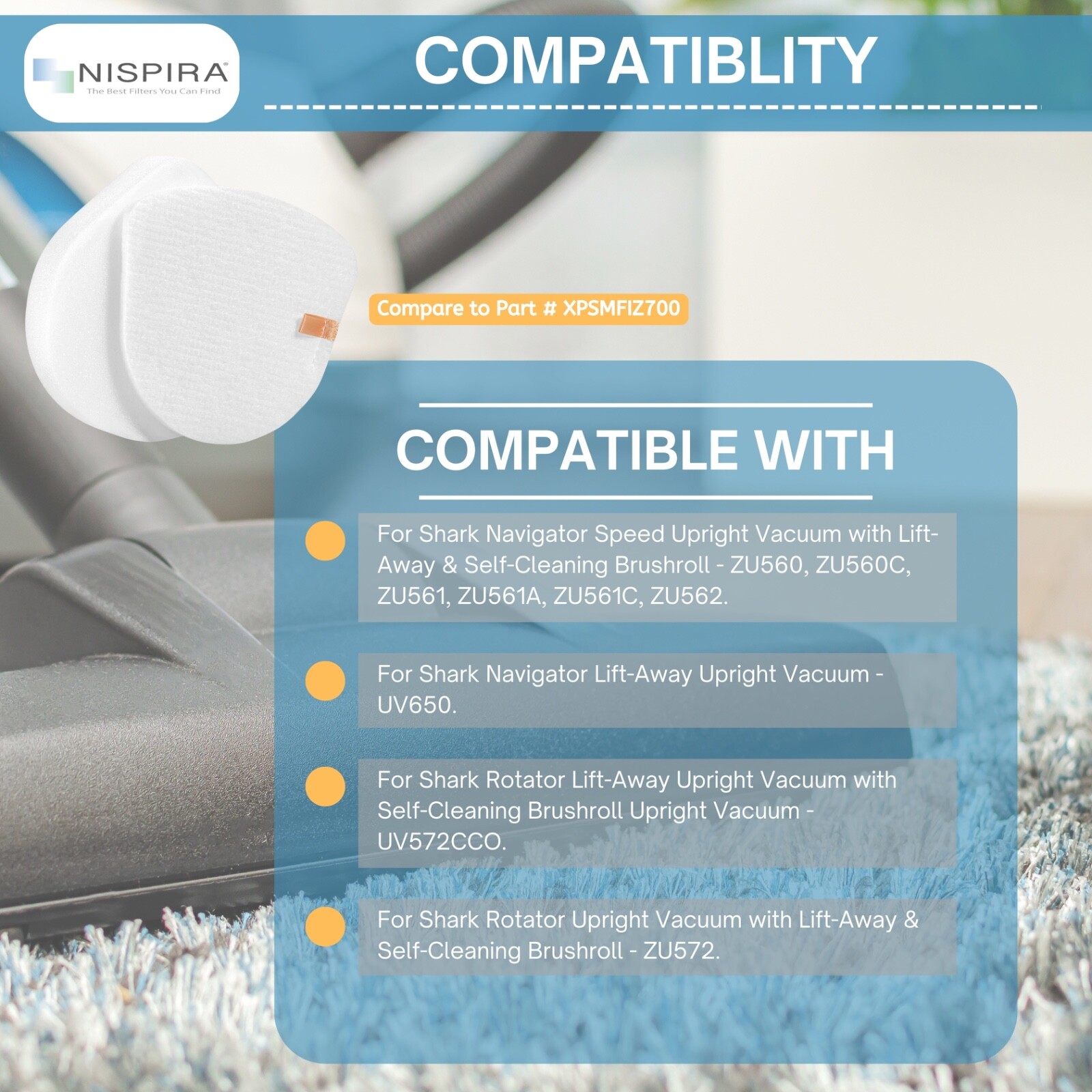 Nispira XFFK560 Foam Filters for Shark Upright Vacuum UV650 UV725 ZU560, 4 Packs