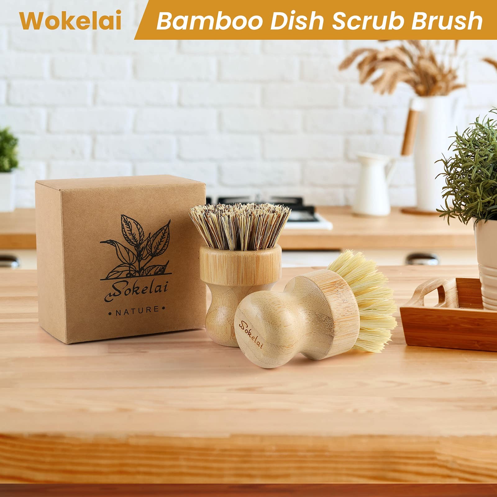 Bamboo Dish Scrub Brushes Set for Kitchen – Wooden Large (Pack of 2), Beige