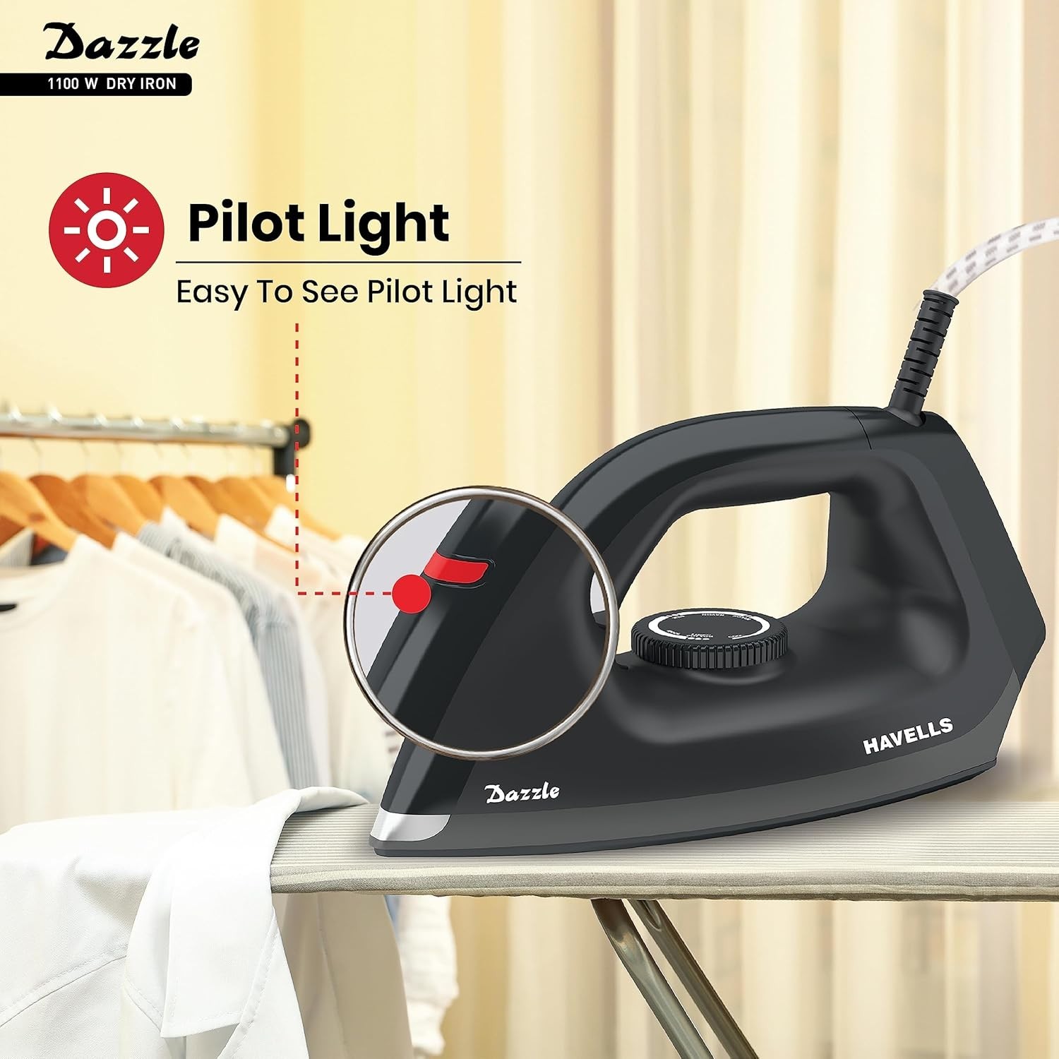 Havells Dry Iron Dazzle 1100 Watts, Iron Press, Greblon Non Sick Soleplate 220V