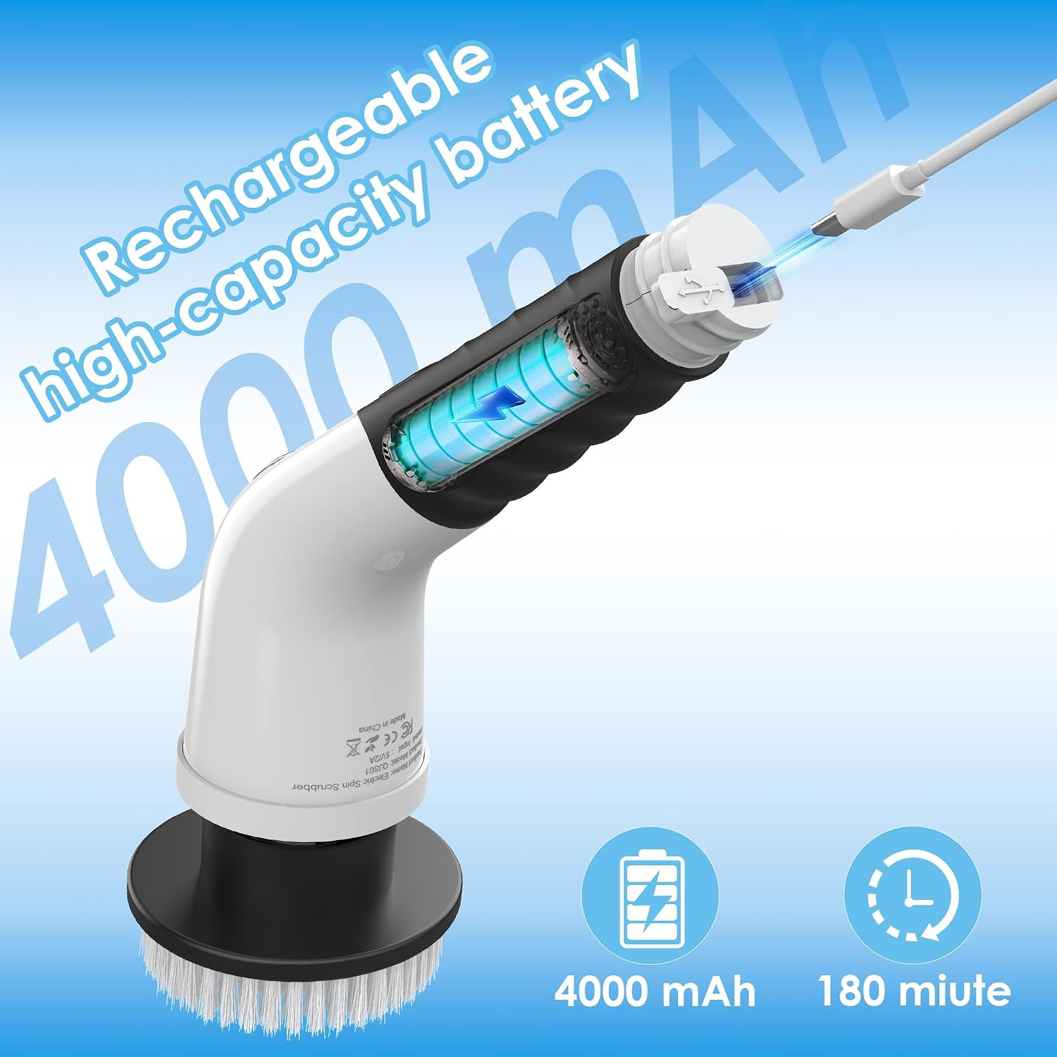 Electric Spin Scrubber, Cordless Cleaning Brush with 180 Min Runtime, 3-Speed, 7