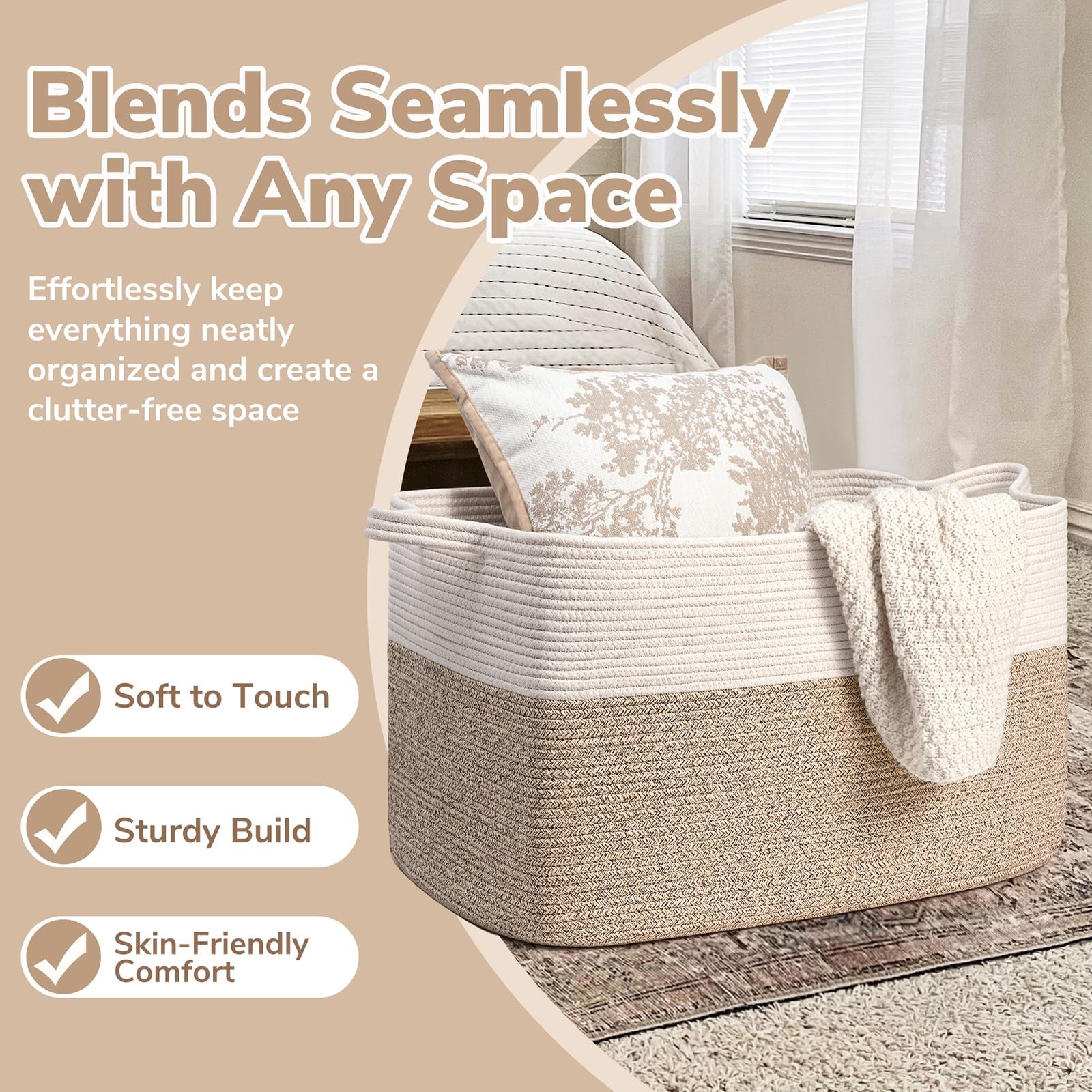 Extra Large Woven Blanket Basket, 23.6″ x 15.7″ x 13.8″ Storage Organizer for…