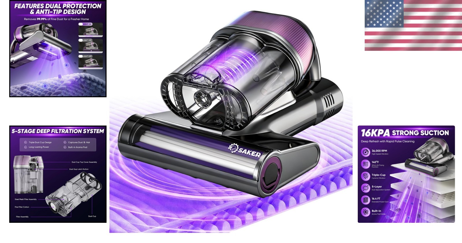 Mattress Vacuum Cleaner Handheld Bed Sofa Couch Deep Clean UVC Light HEPA Filter