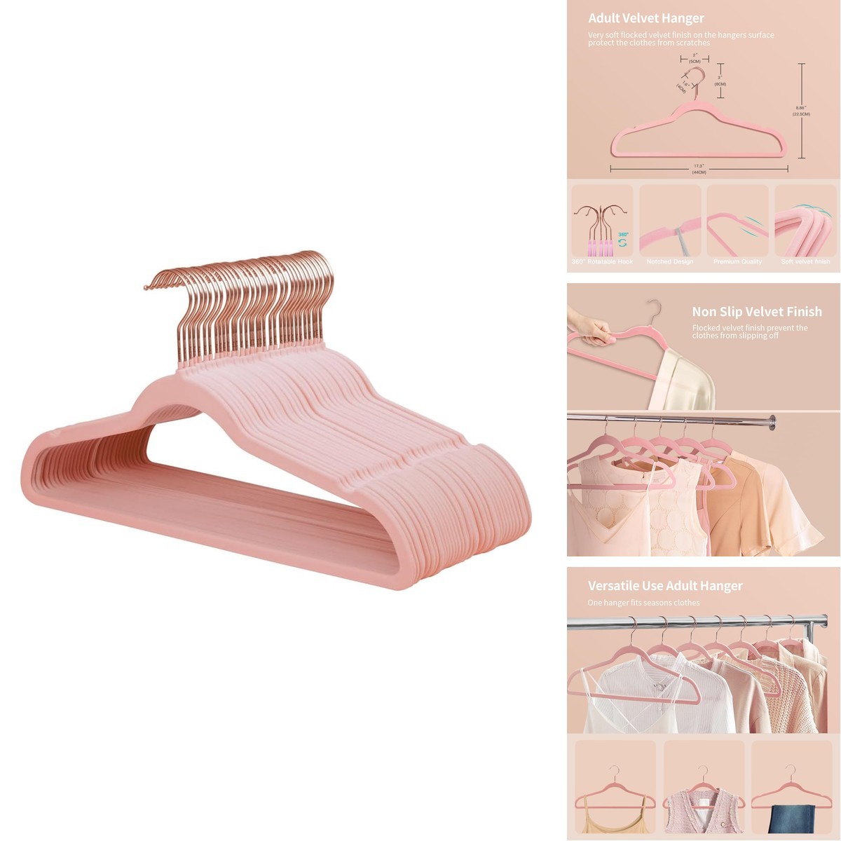 Stormix Adult Velvet Hangers Non-Slip Shoulder Notches 36 Pack Pink