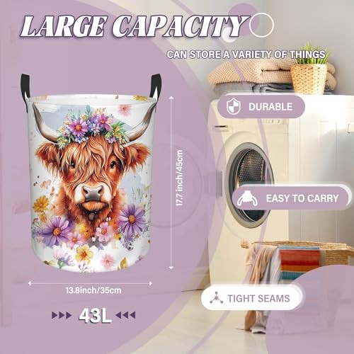 Highland Cow Laundry Basket, 43L Round Oxford Cloth Flower Highland Cattle