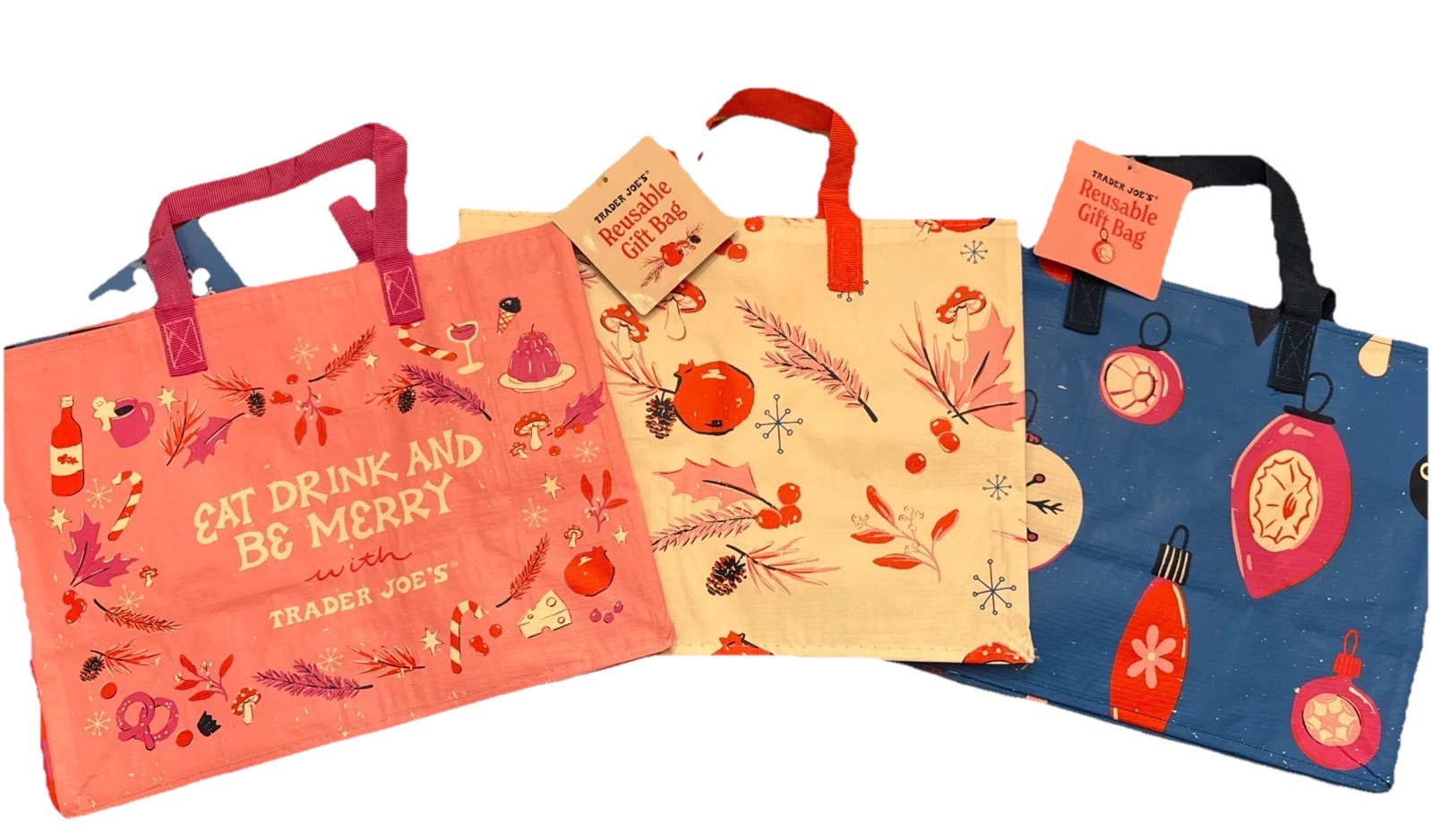 NWT LOT OF 3 Trader Joes Christmas Reusable Holiday Gift Bags Set Of 3 Fun
