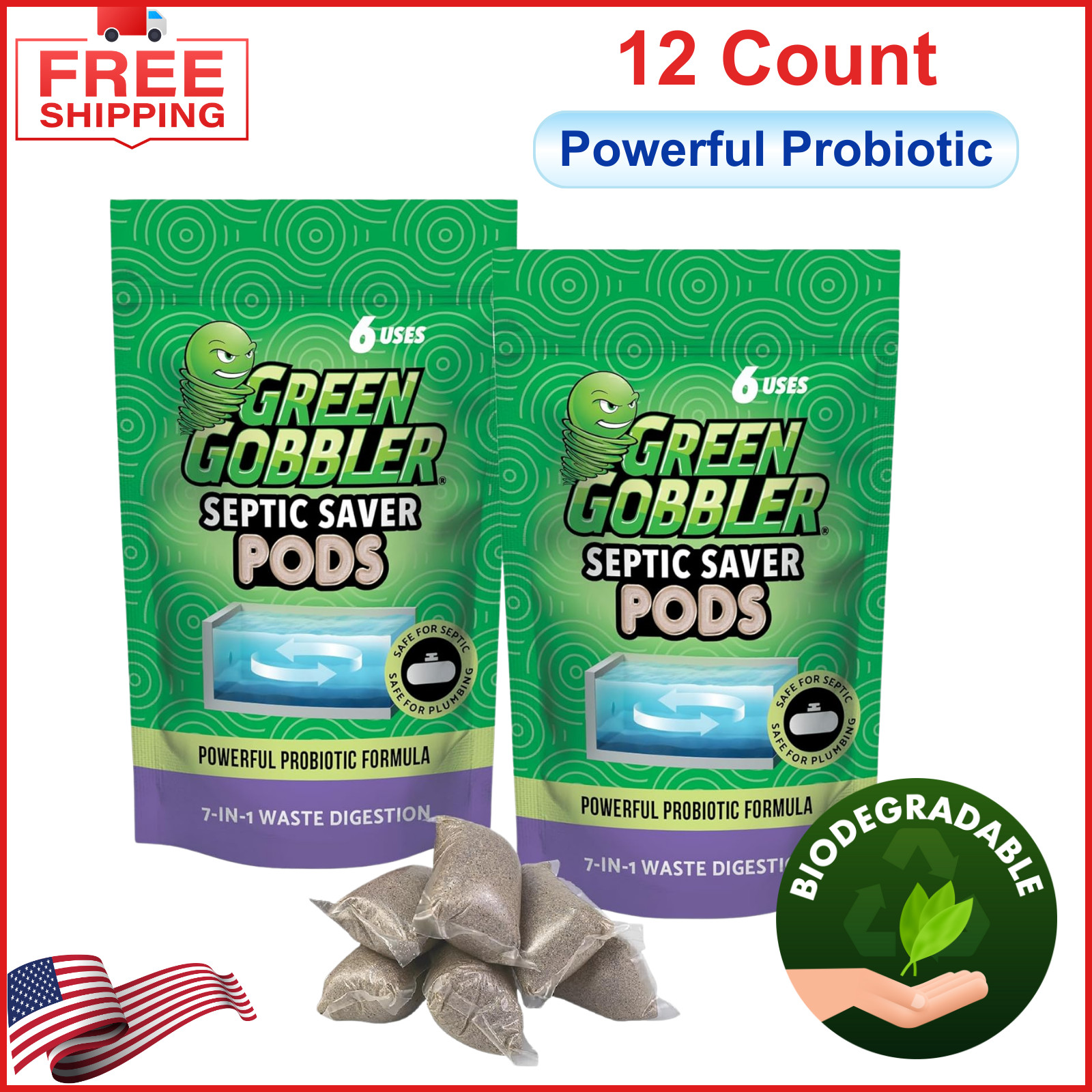 Green Gobbler Septic Tank Treatment Packets, 12 Month Supply – Natural Bacterial