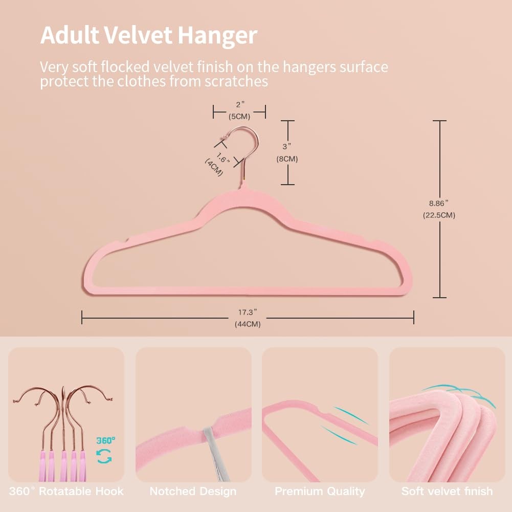 Stormix Adult Velvet Hangers Non-Slip Shoulder Notches 36 Pack Pink