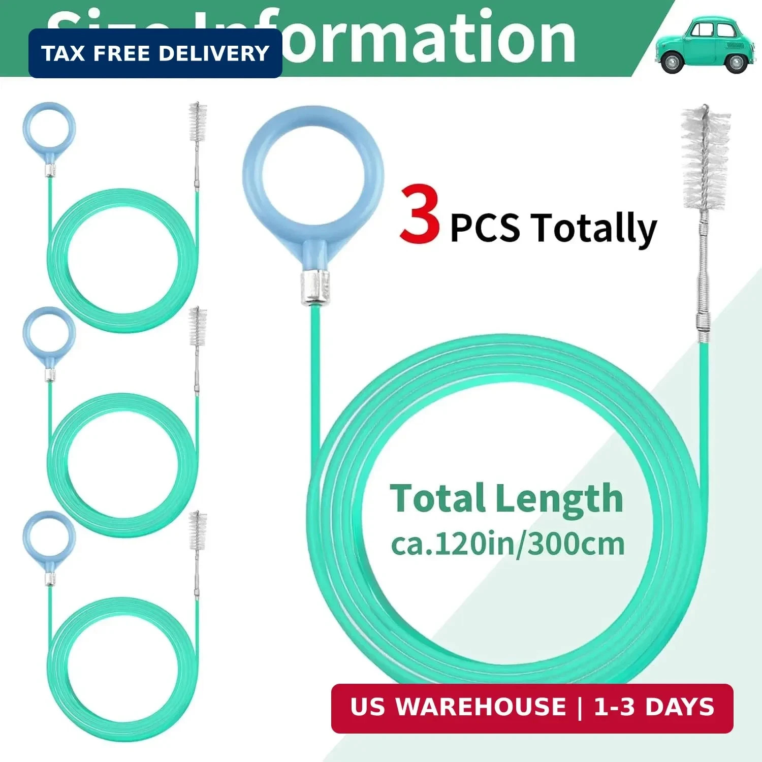3 pcs Auto Sunroof Drain Cleaning Tool, 120 Inch Long Flexible Tube Cleaning Bru