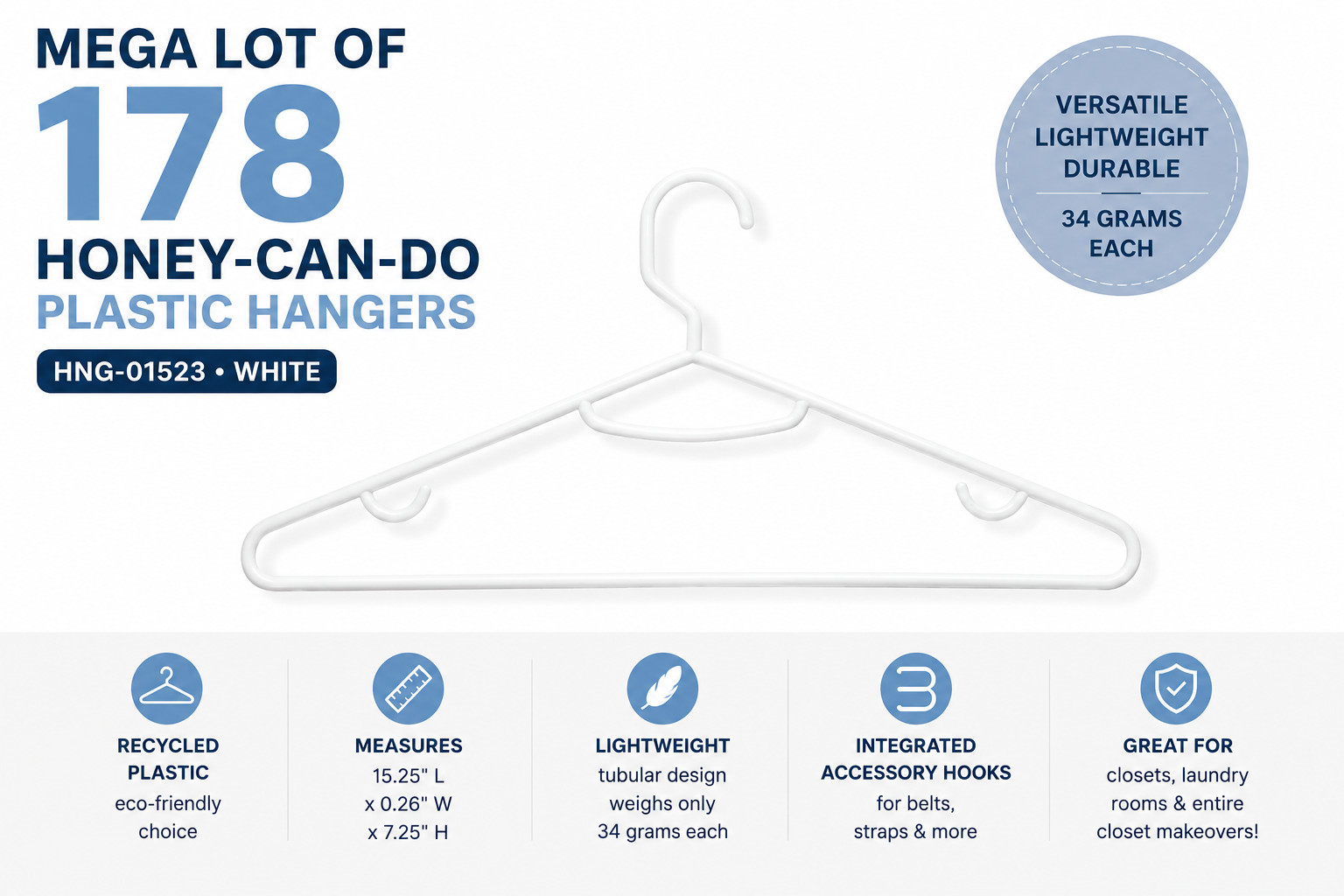 MEGA LOT 178 Honey-Can-Do White Recycled Plastic Clothes Hangers HNG-01523 GUC