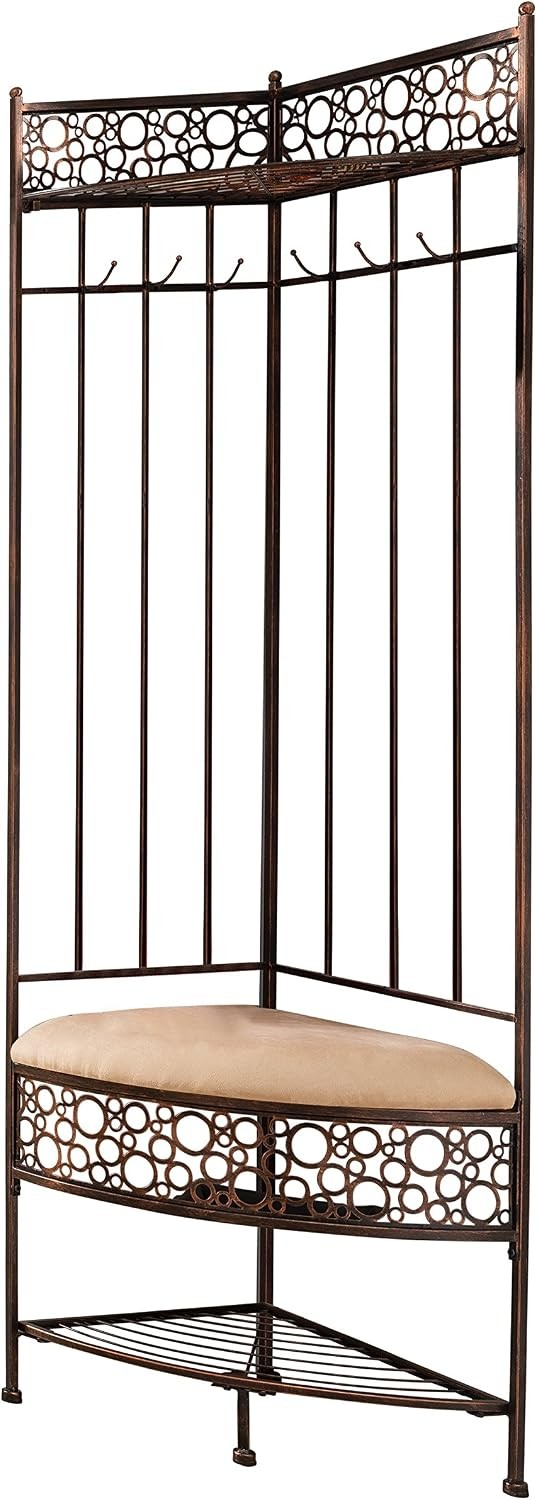 Brushed Copper Metal Corner Entryway Hallway Storage Bench with Coat Rack