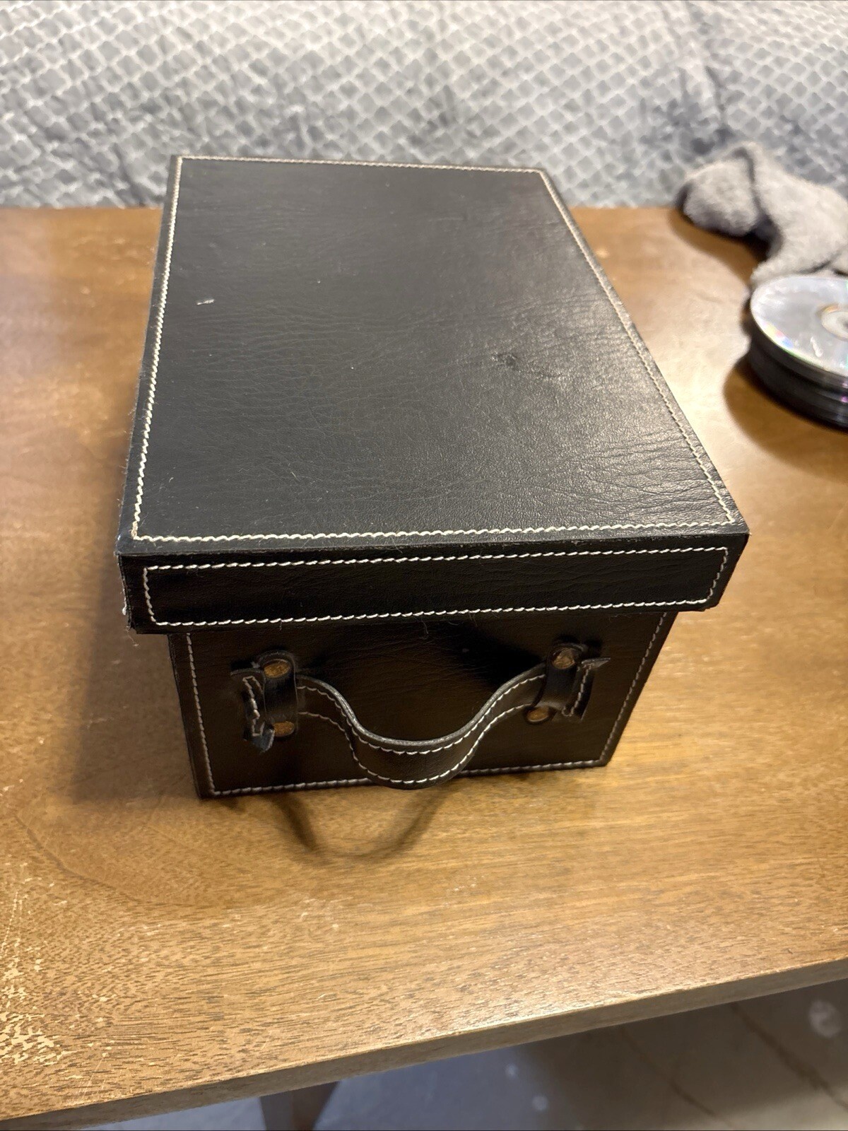 Black Faux Leather Storage Box with Lid & Handle White Stitching