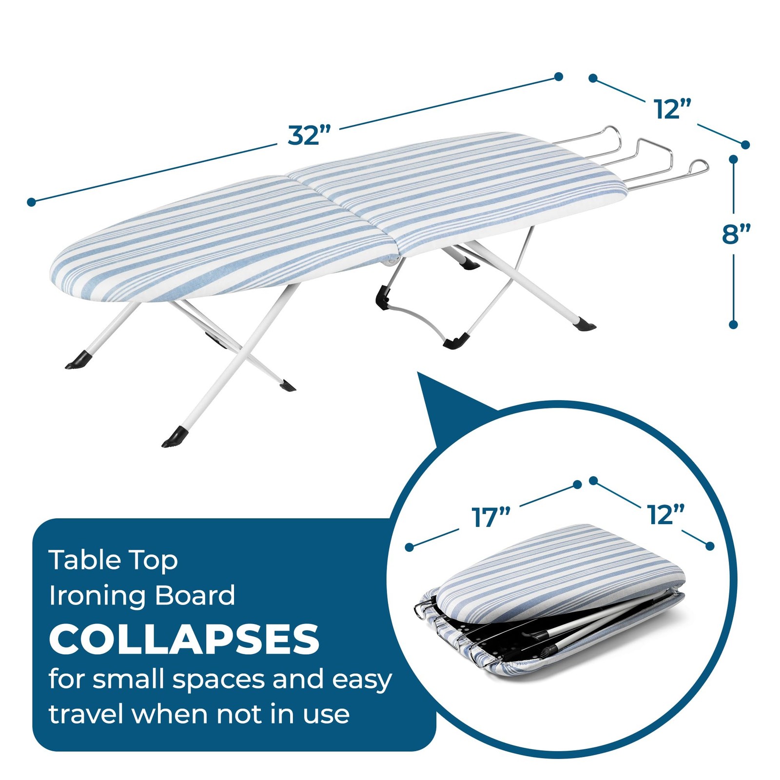 Tabletop Ironing Board Foldable with Iron Rest, Compact Steel Frame, Blue