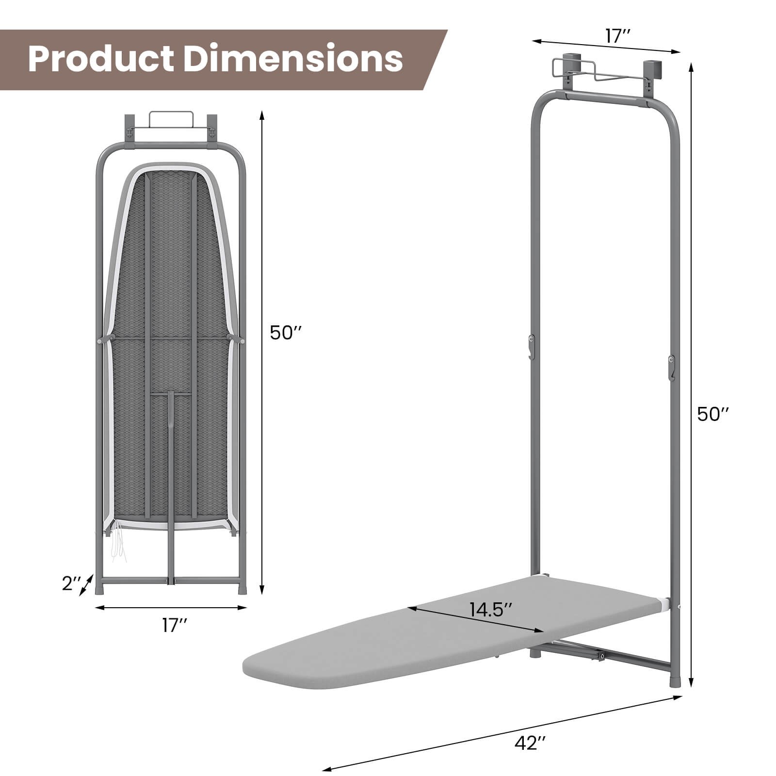 Space-Saving Over the Door Ironing Board w/ Iron Holder & Cotton Cover Gray