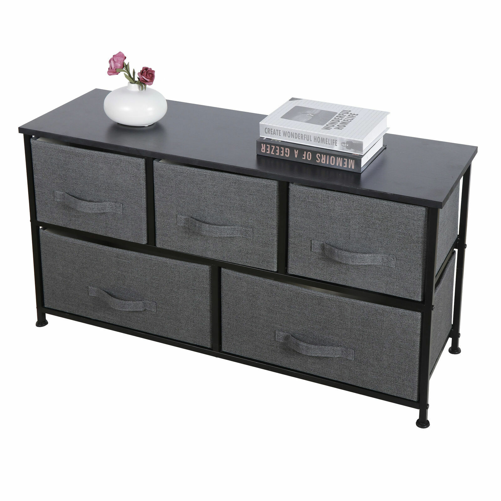 21″ Height Dresser Storage Cabinet 2 Tiers Closet Tower Fiberboard Top 5 Drawers