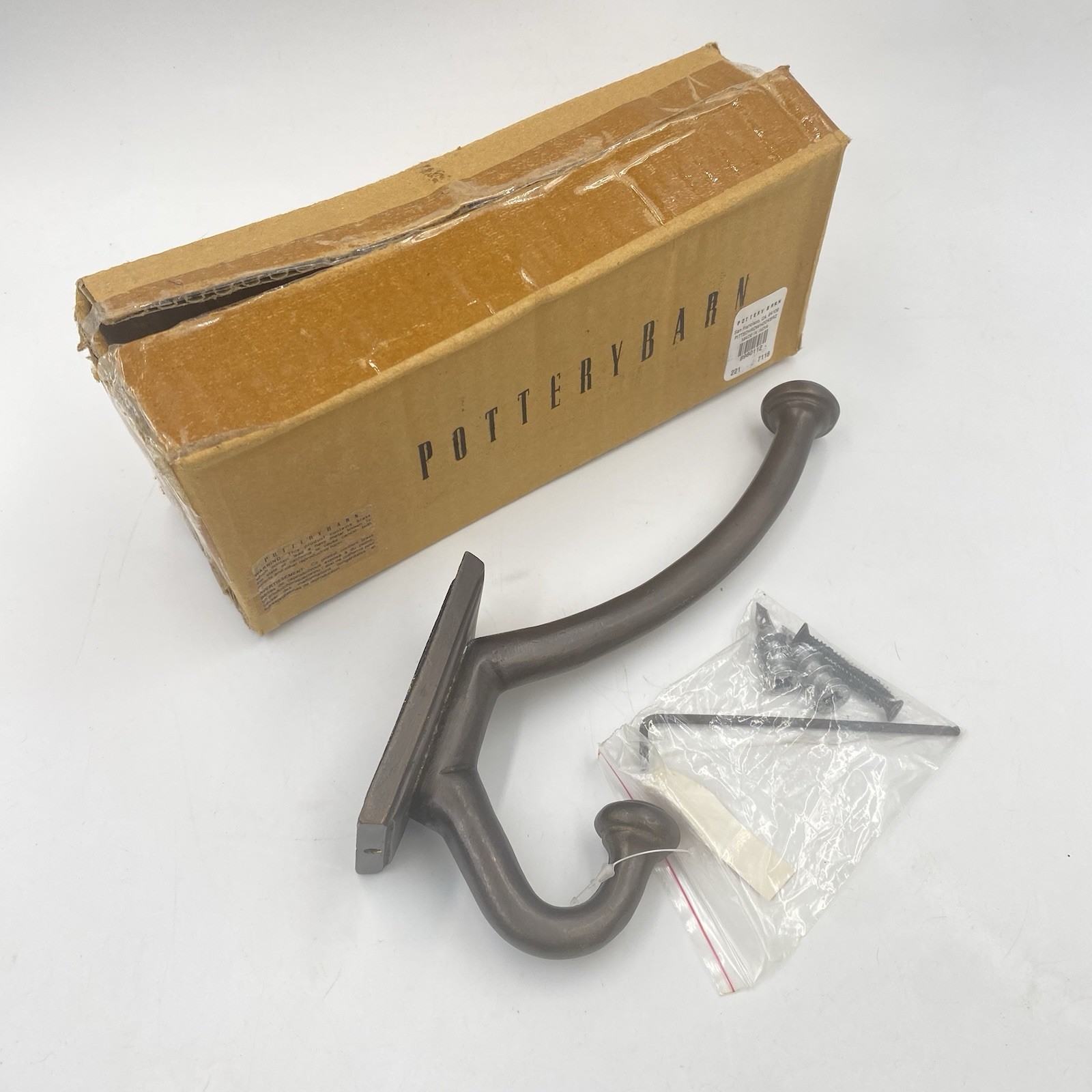 NEW Pottery Barn PITTED BRONZE METAL WALL HOOK 8” Oversized Dual Coat Robe NOS