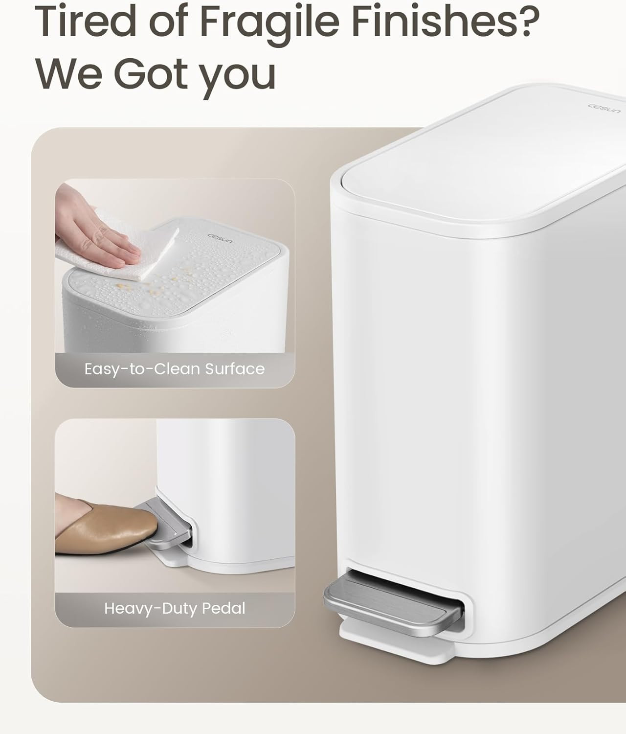 Small Bathroom Trash Can with Lid Soft Close & Pedal, 1.3 Gal, White | Removable