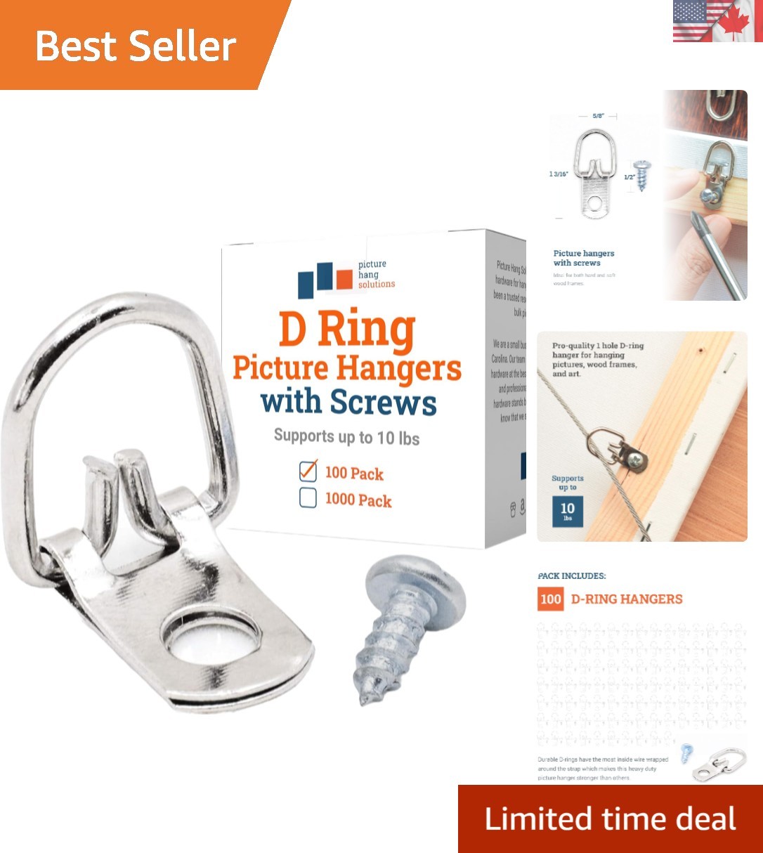 Pro Quality D Ring Picture Hangers with Screws – 100 Pack for Secure Display
