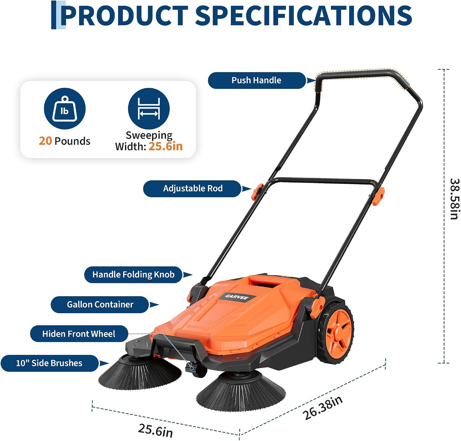 Walk-Behind Floor Sweeper 25.6 Inch Sweeping Width Manual No Electric Durable