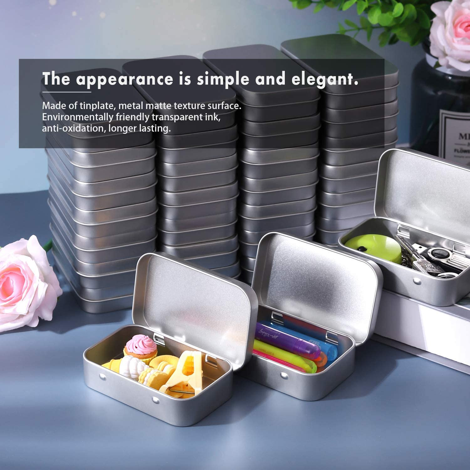 40pcs Metal Rectangular Empty Hinged Tin Box Containers Mini Portable Small Box