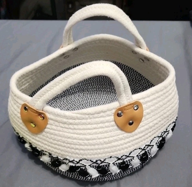 Black And White Woven Basket with Black And White Tassels & Handles Washroom