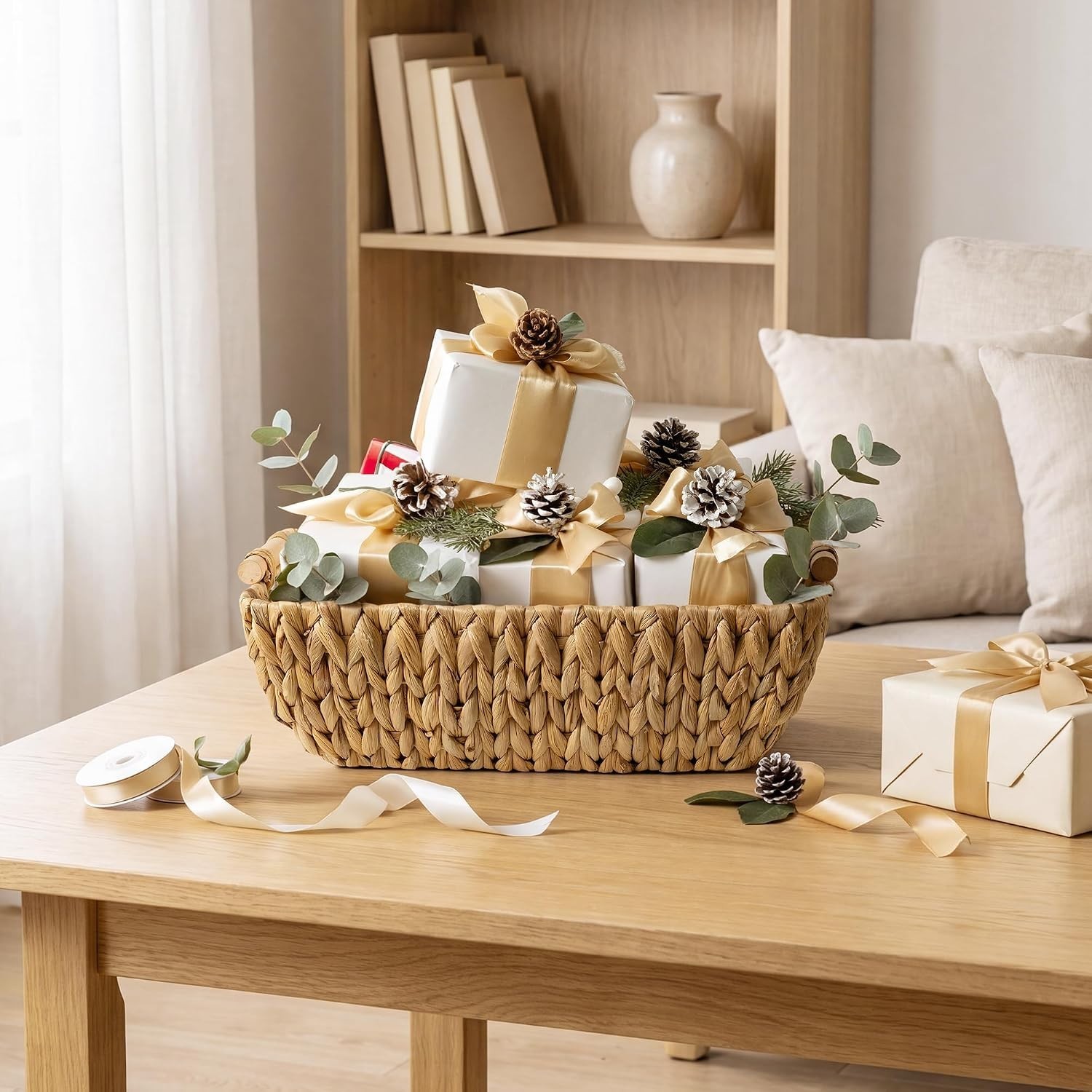 Water Hyacinth Storage Baskets, Wooden Handles, 2 Pack