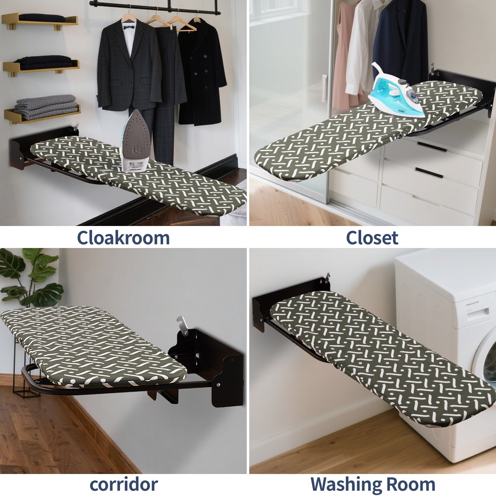 Wall-Mounted 180° Rotating Steel Frame Folding Ironing Board with iron holder