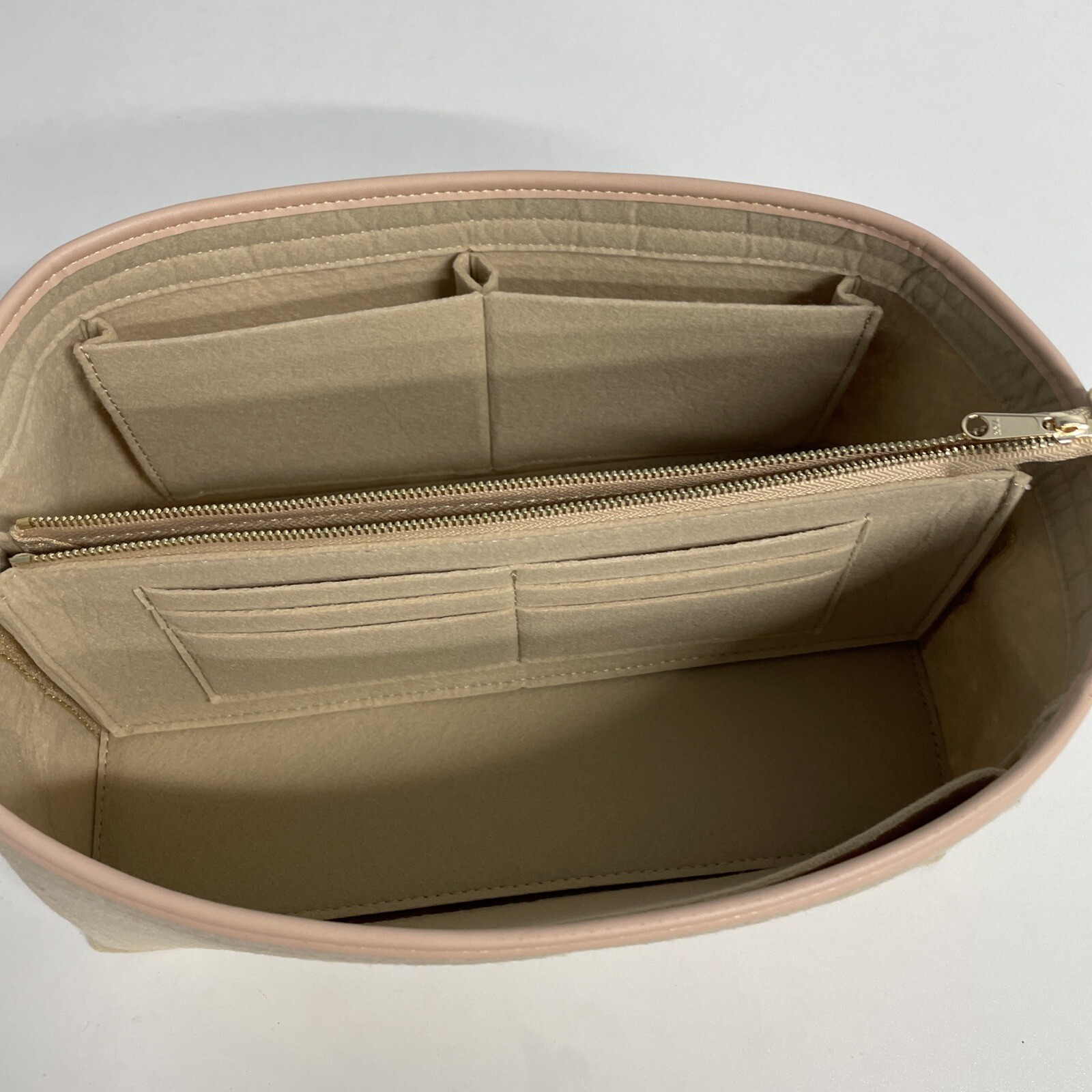Collapsible Felt Organizing Basket with Zipper pocket 12Lx8.5 Wx5.5 H Tan/Pink/G