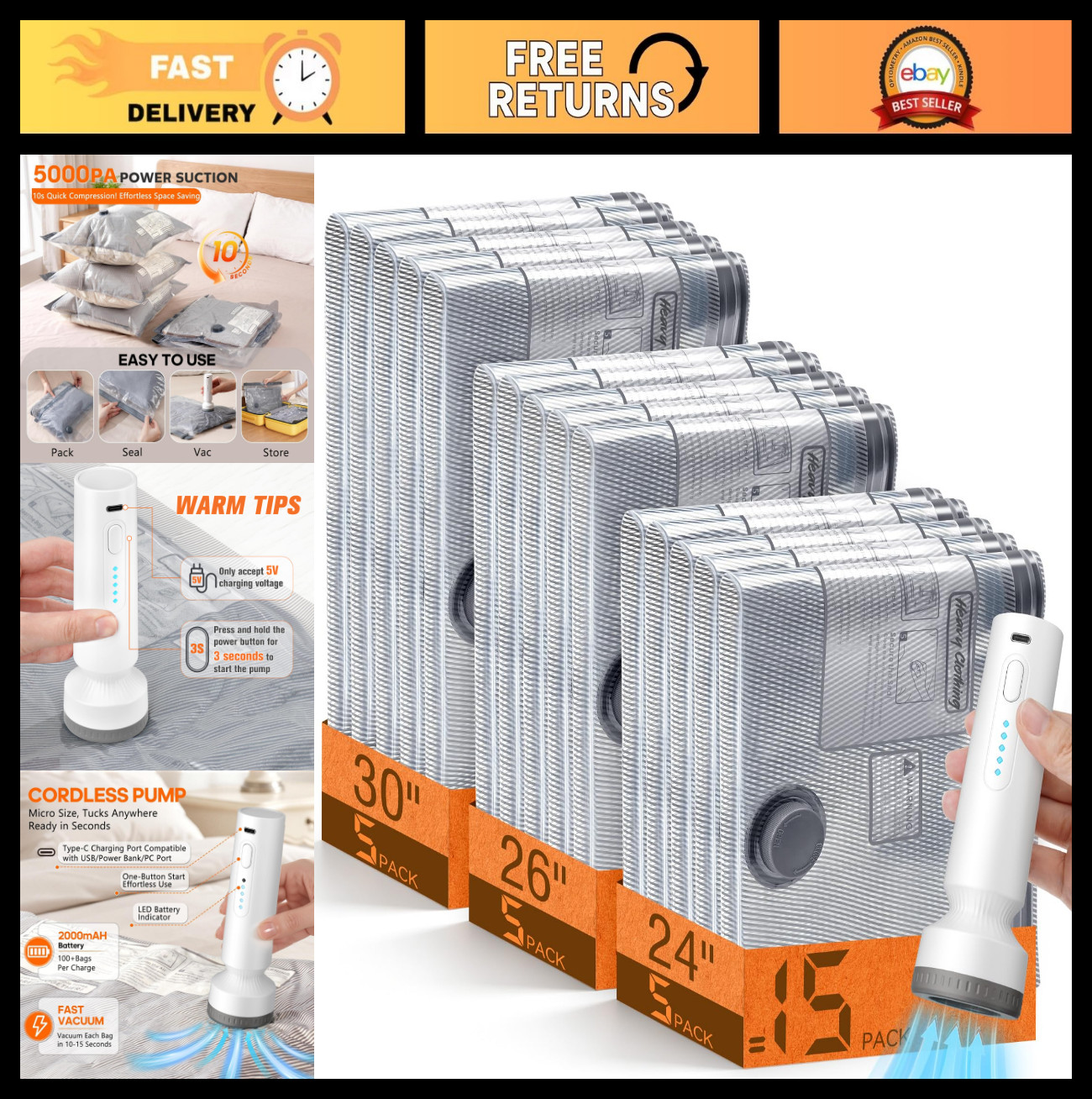 15 Pack Vacuum Storage Bags with Pump – Space Saver Compression Bags for Travel