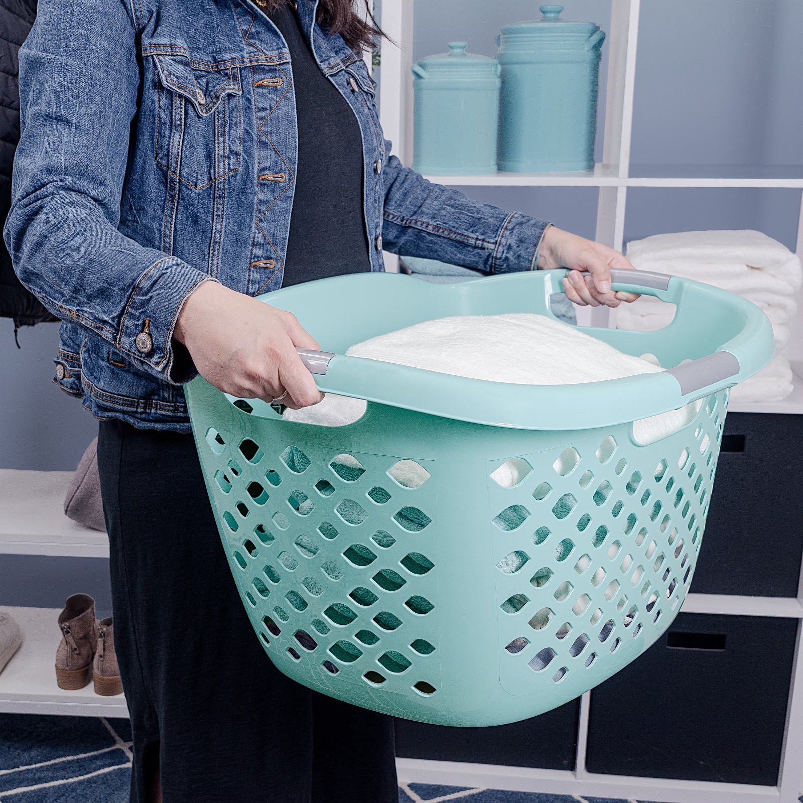 Large Plastic Laundry Basket with Comfort Grip Handles Lightweight Durable