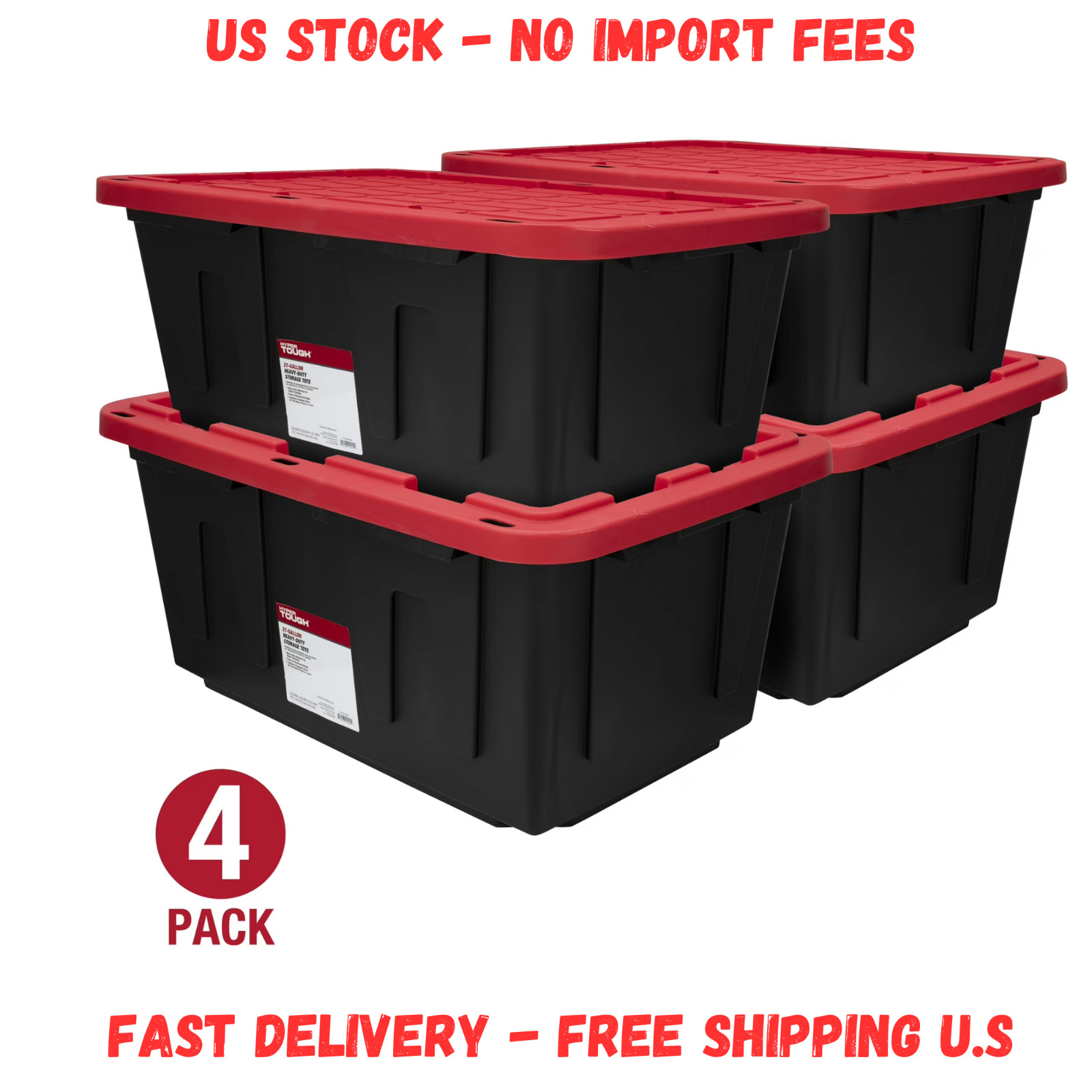 (Pack of 4) Hyper Tough 27 Gallon Large Storage Bin with Snap Lid, Black and Red