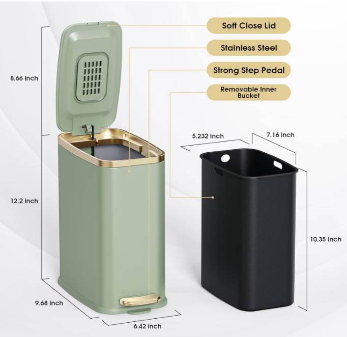 Cubo de basura estrecho rectangular con pedal metálico (5L/1.3 Gal), ideal para
