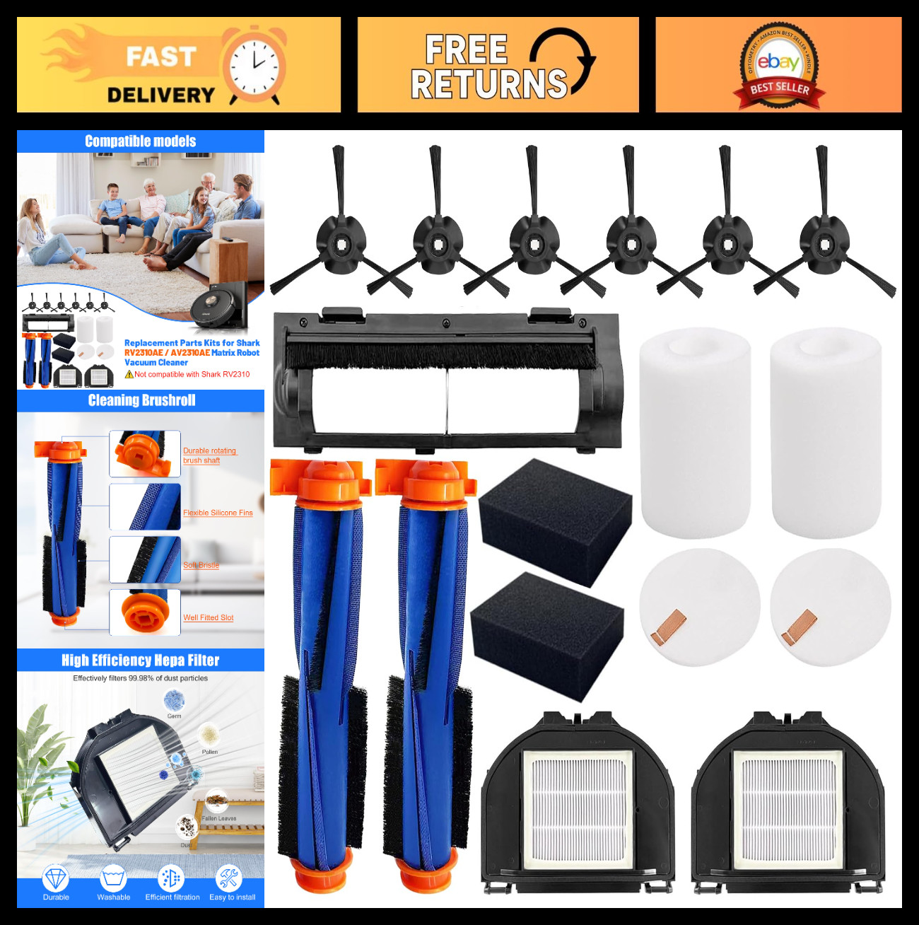 Replacement Parts for Shark Robot Vacuum – 2 Roller Brushes, 6 Side Brushes, 2 H