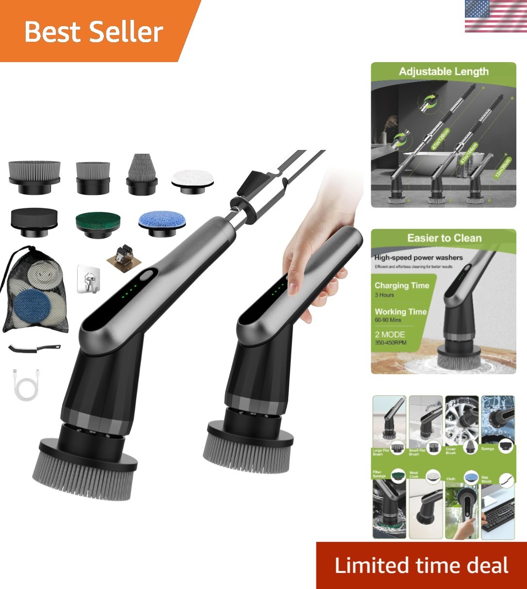 Electric Spin Scrubber 10-in-1 Waterproof Bathroom Shower Tile Floor Cleaner