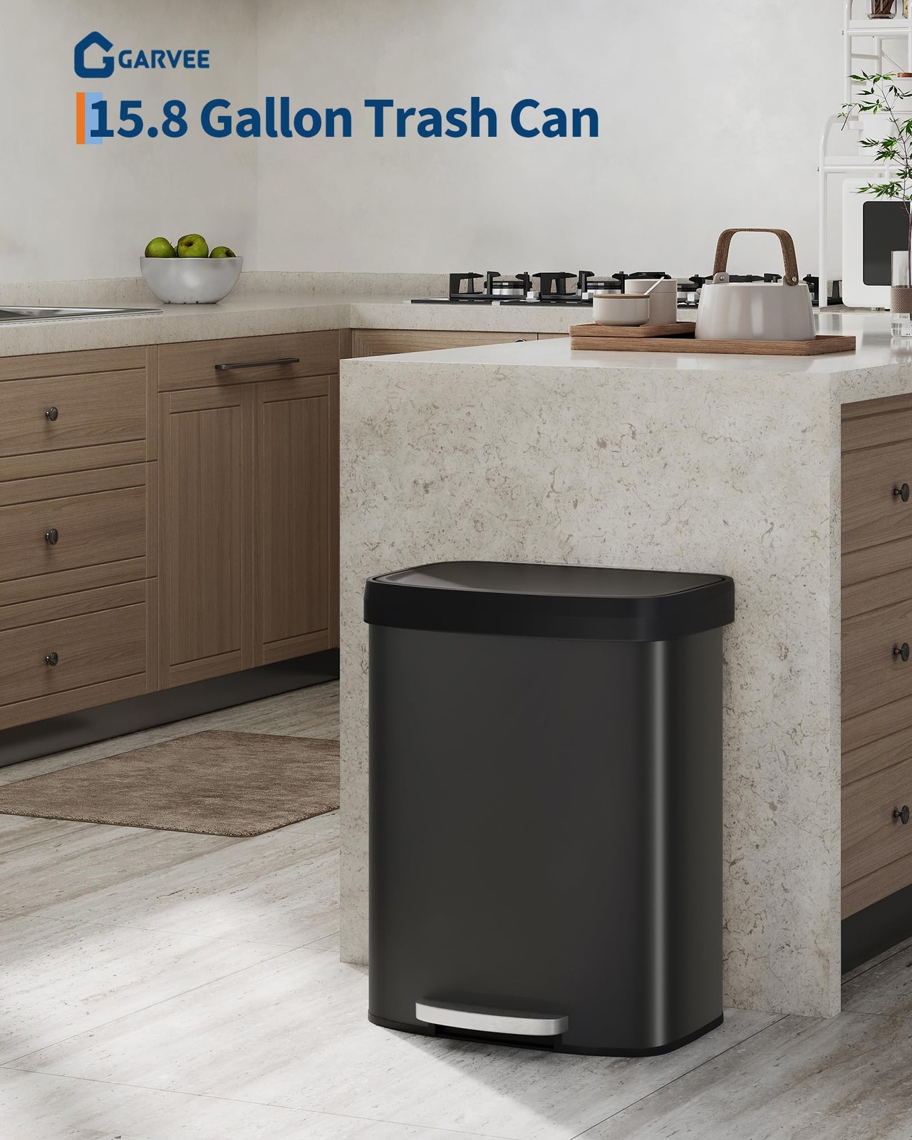 Touch-Free 60L Stainless Steel Step Trash Can 16 Gallon Soft-Close Lid Waste Bin