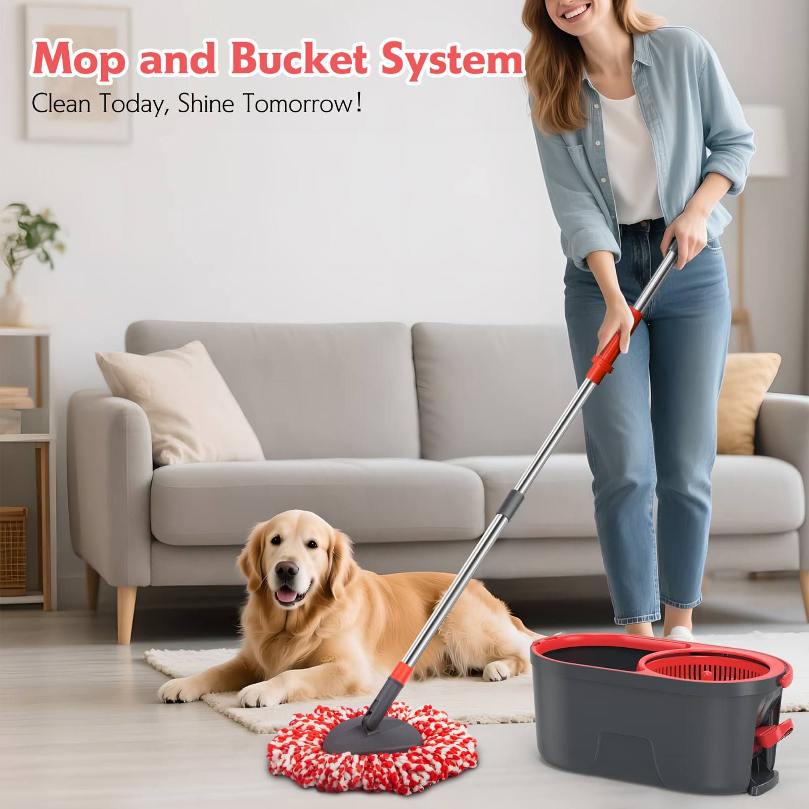 Rotating microfiber mop and bucket with foot-operated wringer.