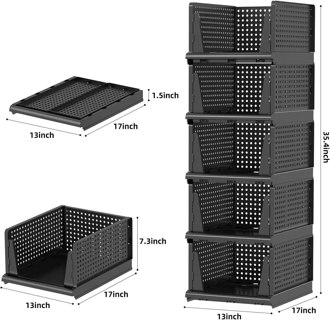 Folding Closet Organizer and Storage for Shelves, 5 Pack Stackable Plastic