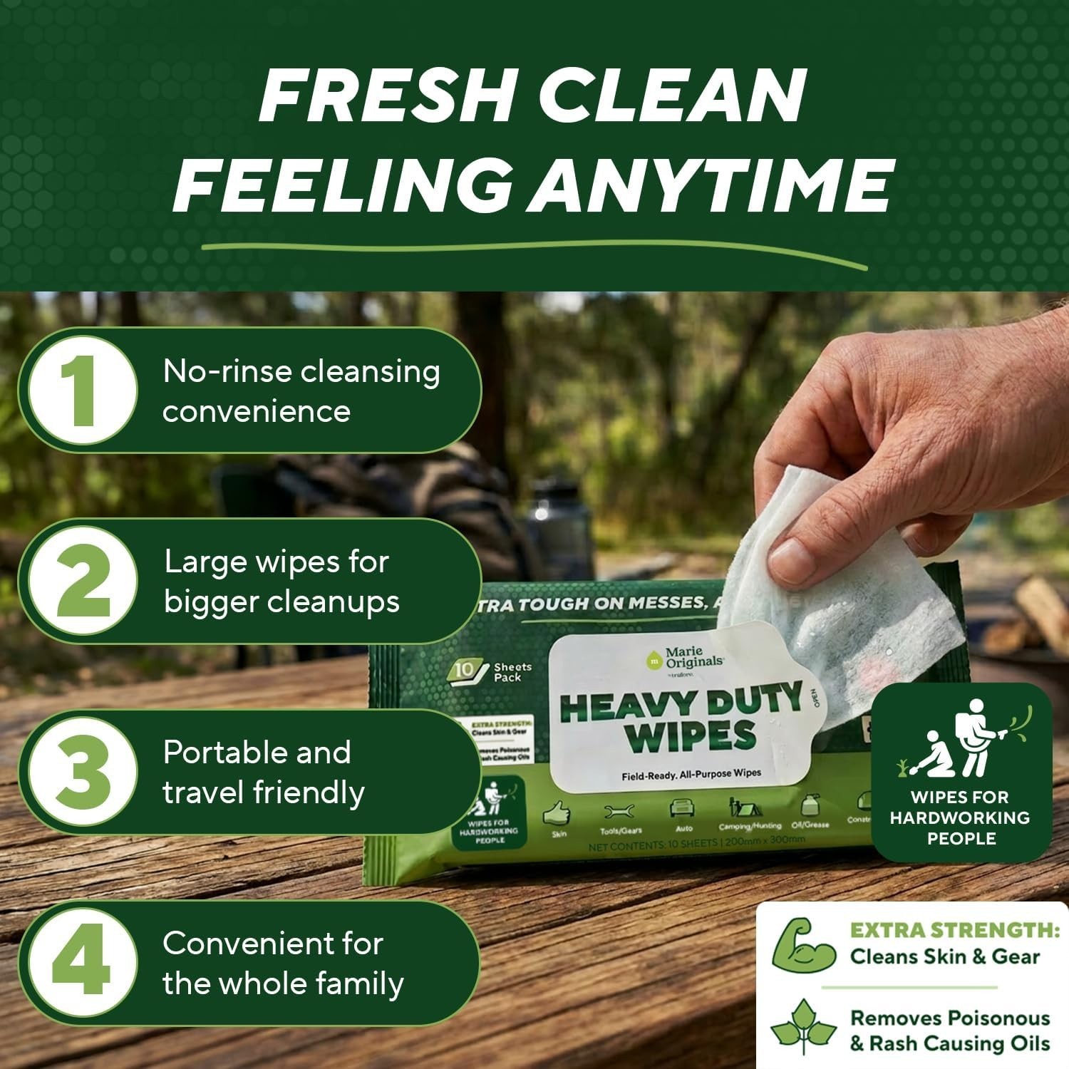 Marie Originals Heavy Duty Hand Wipes, Auto Mechanic, Outdoor Wipes 10ct
