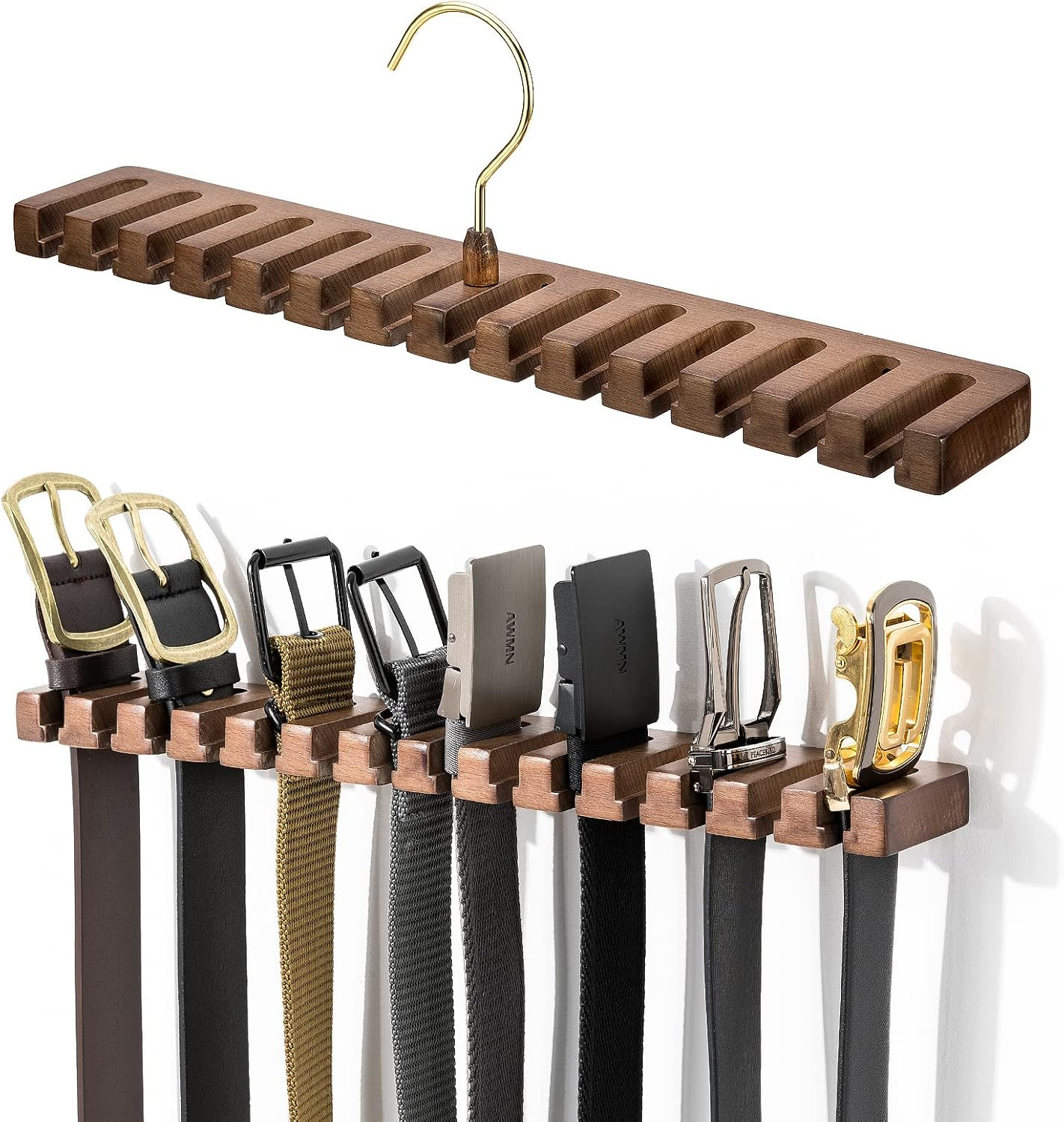 Wooden Belt Rack 14 Belts Sturdy Closet Wall Mount Belt Hanger Organizer