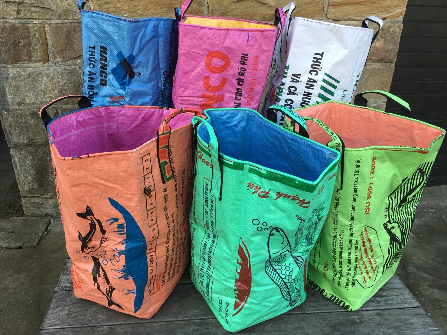 Fair Trade Upcycled Laundry Basket made from Recycled Fish Feed Bags in Cambodia