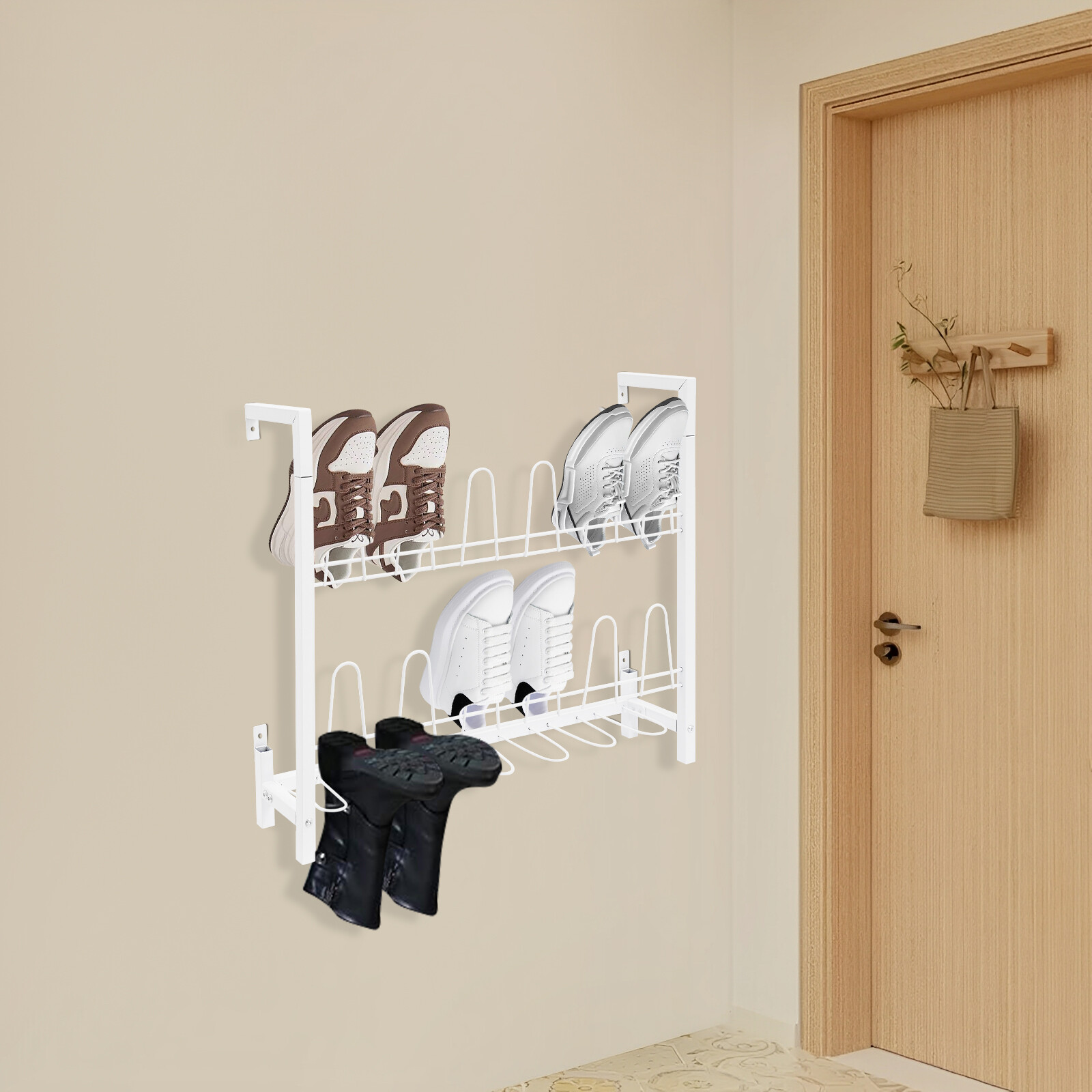 3 Tier Wall Mounted Shoe Rack, White Metal Wire Boot Rack Hanging Shoe Organizer