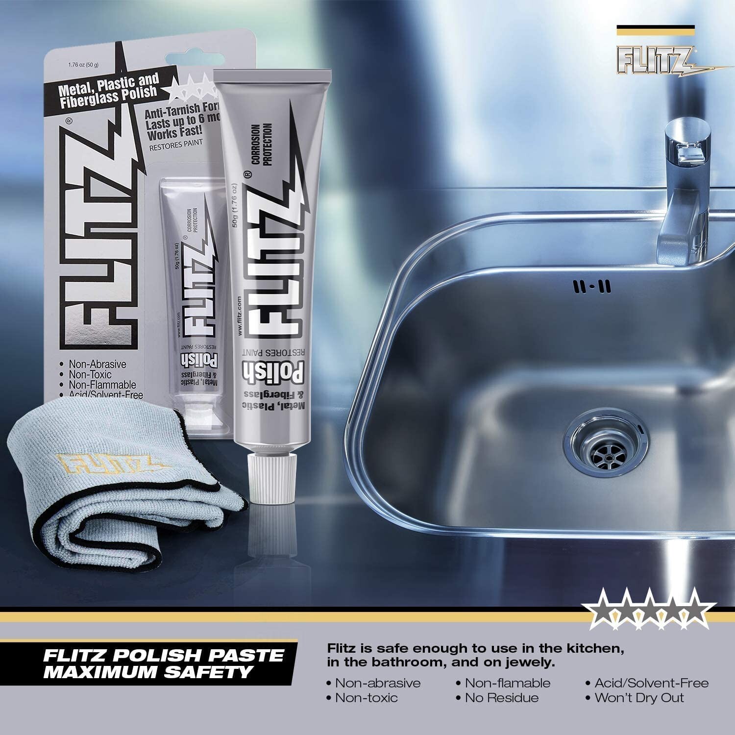 FLITZ Metal Plastic Fiberglass Polish Paste Cleaner Tube 1.76oz 50 Gram BU 03511