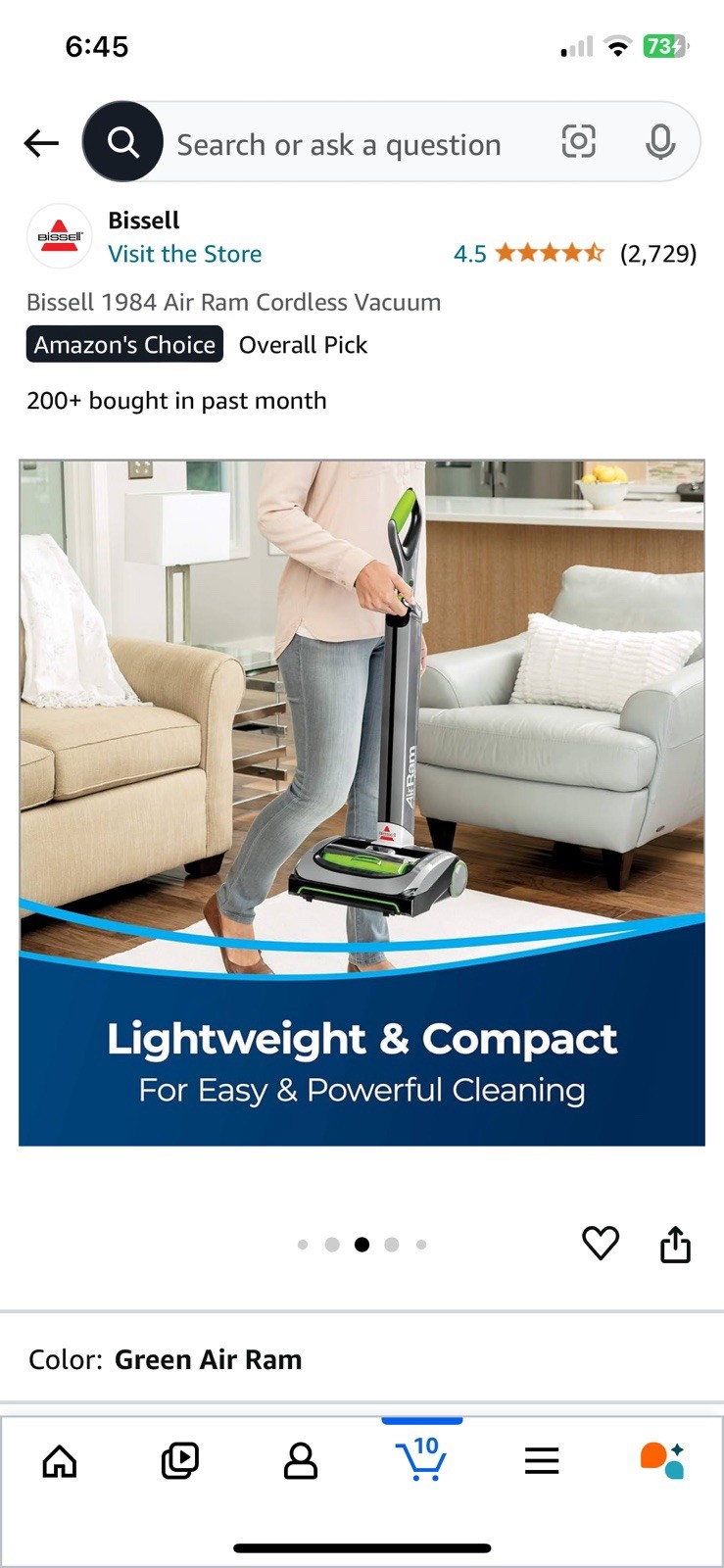 BISSELL 1984 Air Ram 22V Cordless Stick Vacuum Bagless w/Head Light Charger