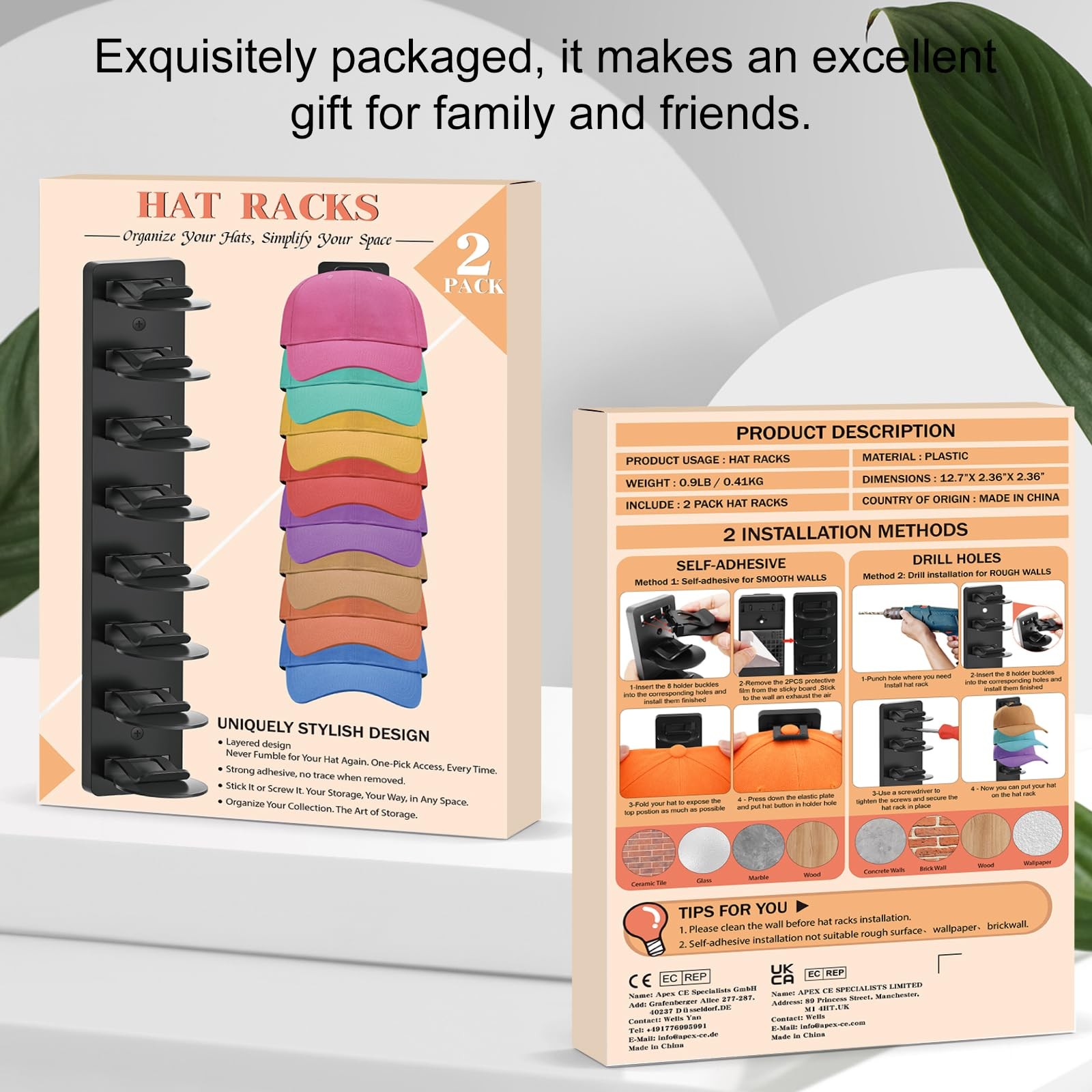 2 Wall Mounted Organizers for 16 Men’s Caps, Adhesive Coat Rack Holder
