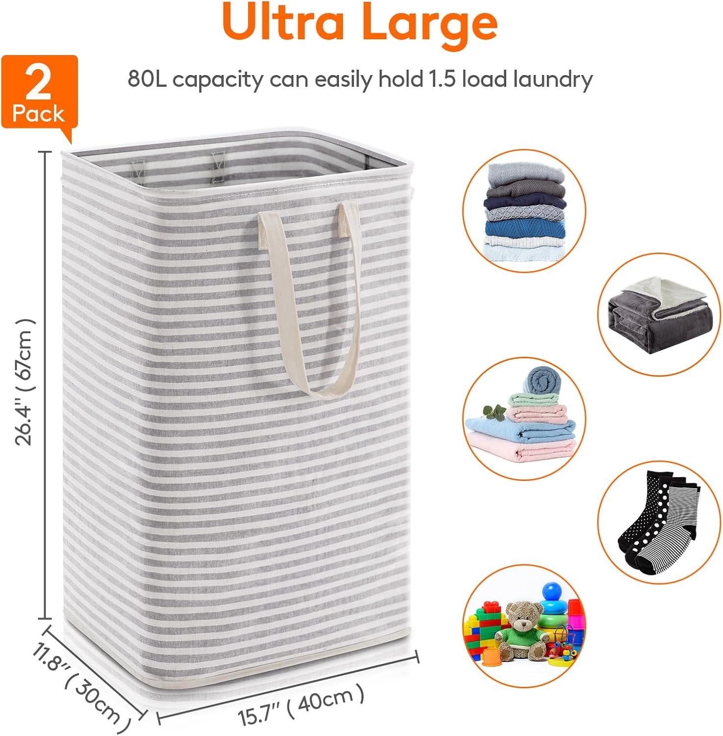 2 Pack 80L Collapsible Grey Laundry Baskets