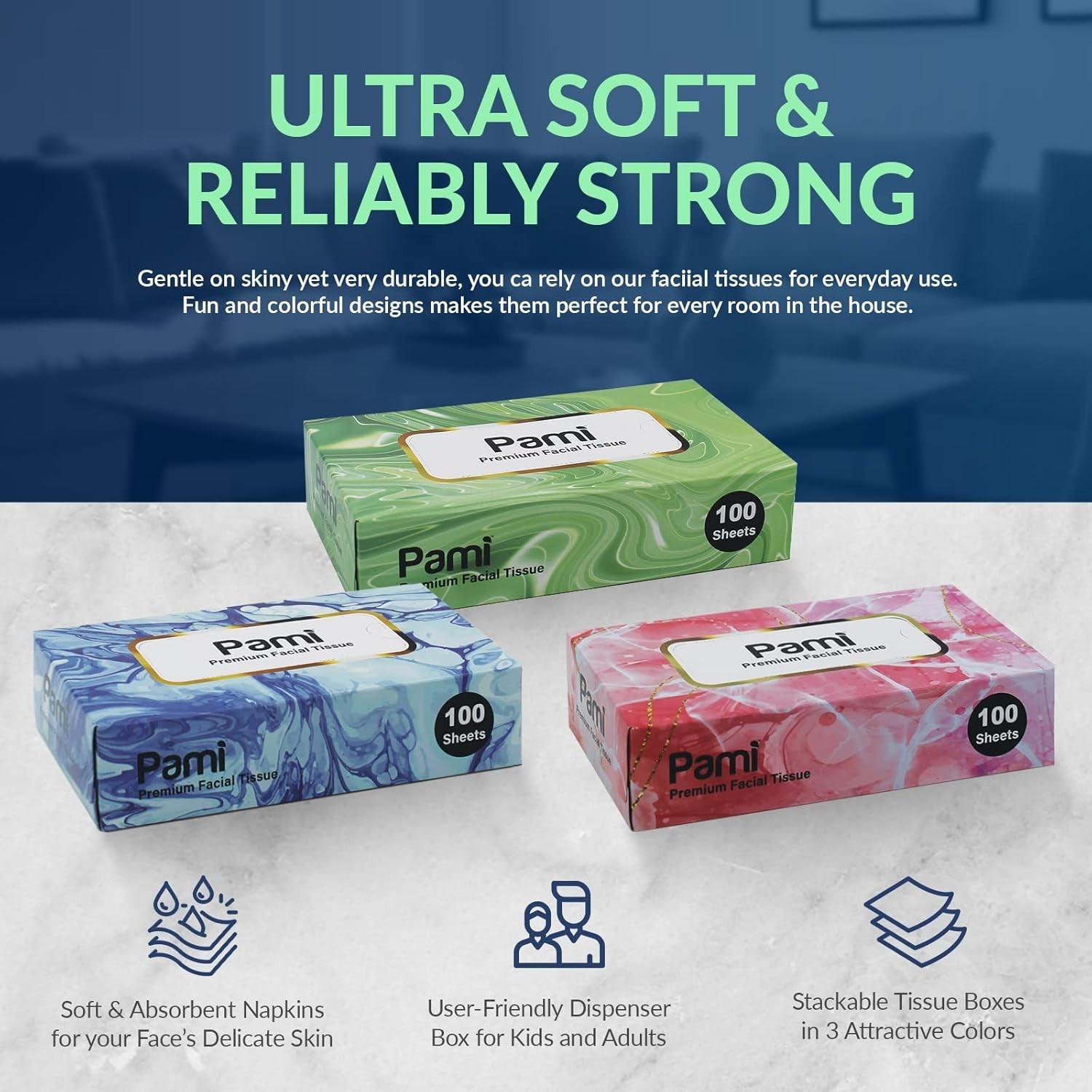 PAMI Premium Facial Tissues 30 Boxes Soft 2-Ply 3000 Count Bulk for Home Office