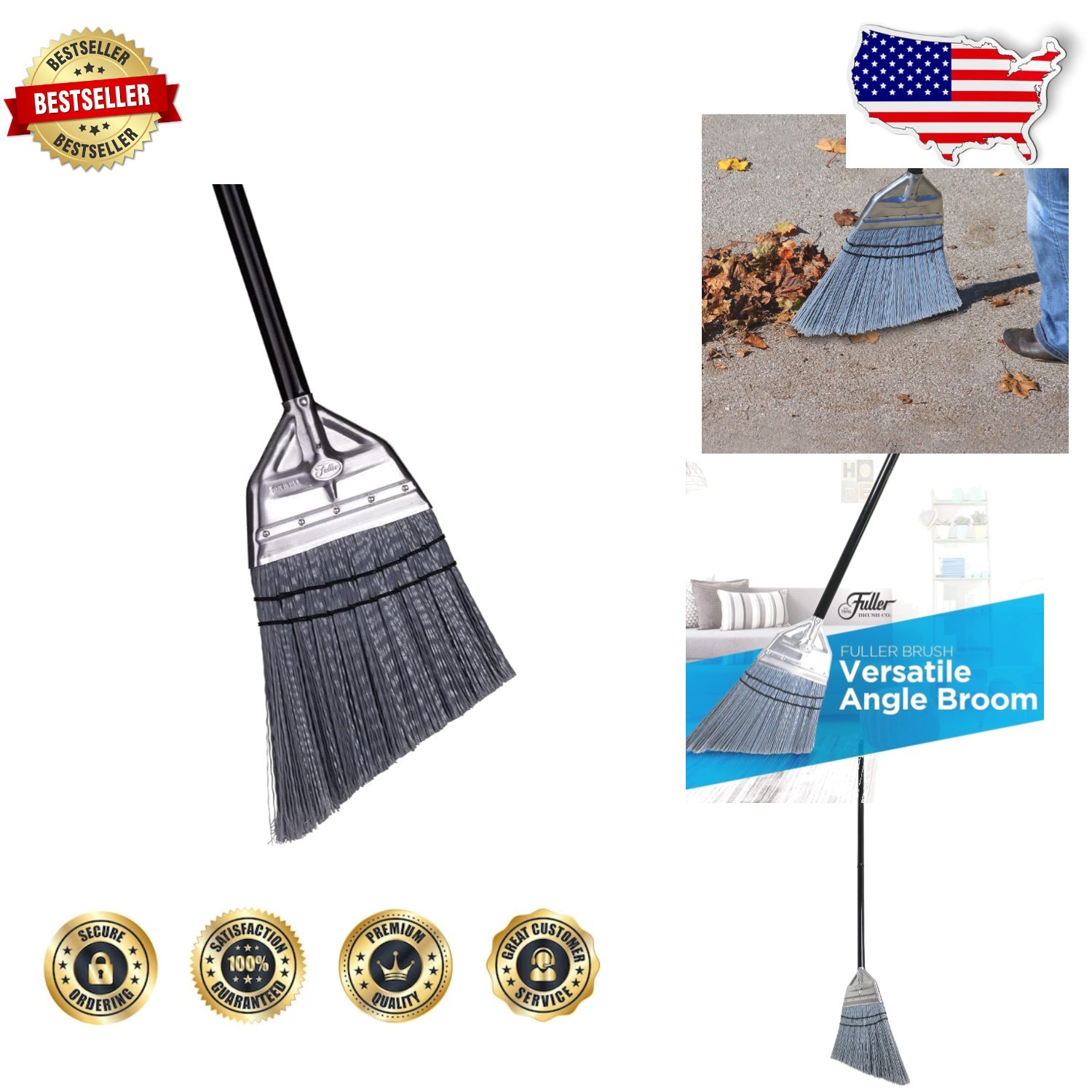 Fuller Angle Broom, Heavy Duty, Split Bristles, Steel Handle, Indoor Outdoor Use