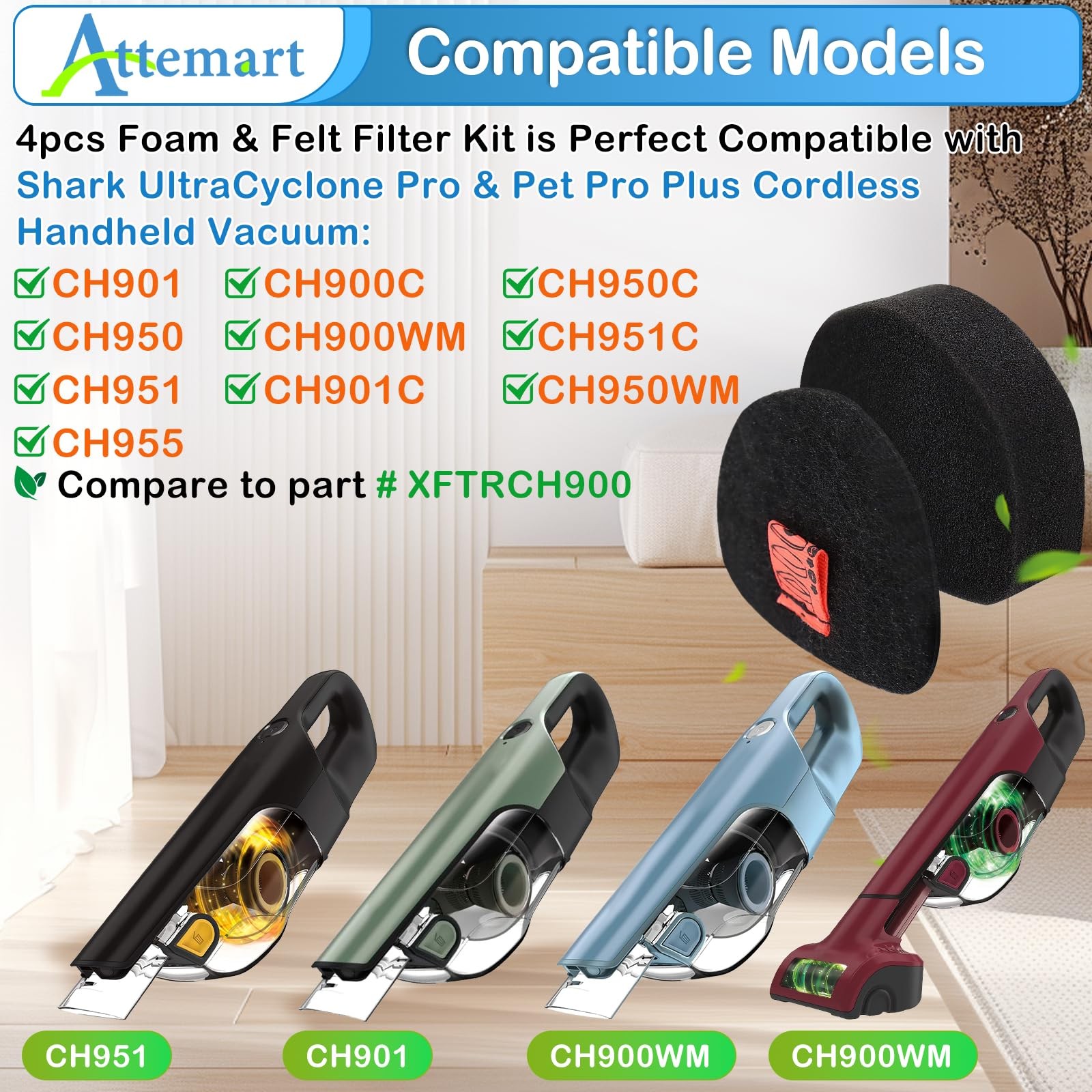 4 Pack CH951 Foam Felt Filter for Shark UltraCyclone Pet Pro Plus Cordless