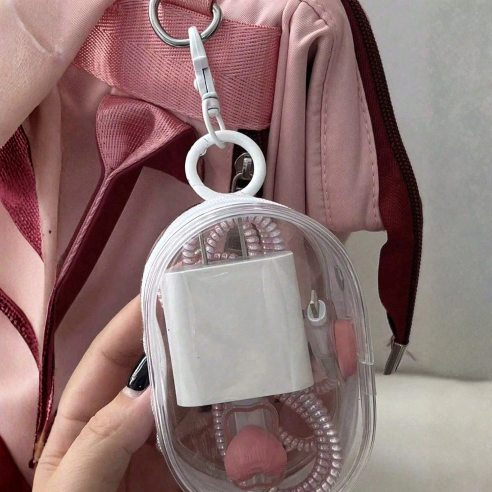 2 Pack Transparent Mini Zipper Storage Pouch Travel Bag Organizer Keychain Clip